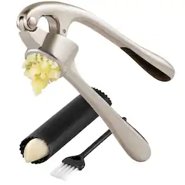 Zulay Kitchen - Premium Garlic Press with Soft, Easy to Squeeze Handle - Includes Silicone Garlic Peeler & Cleaning Brush - Silver