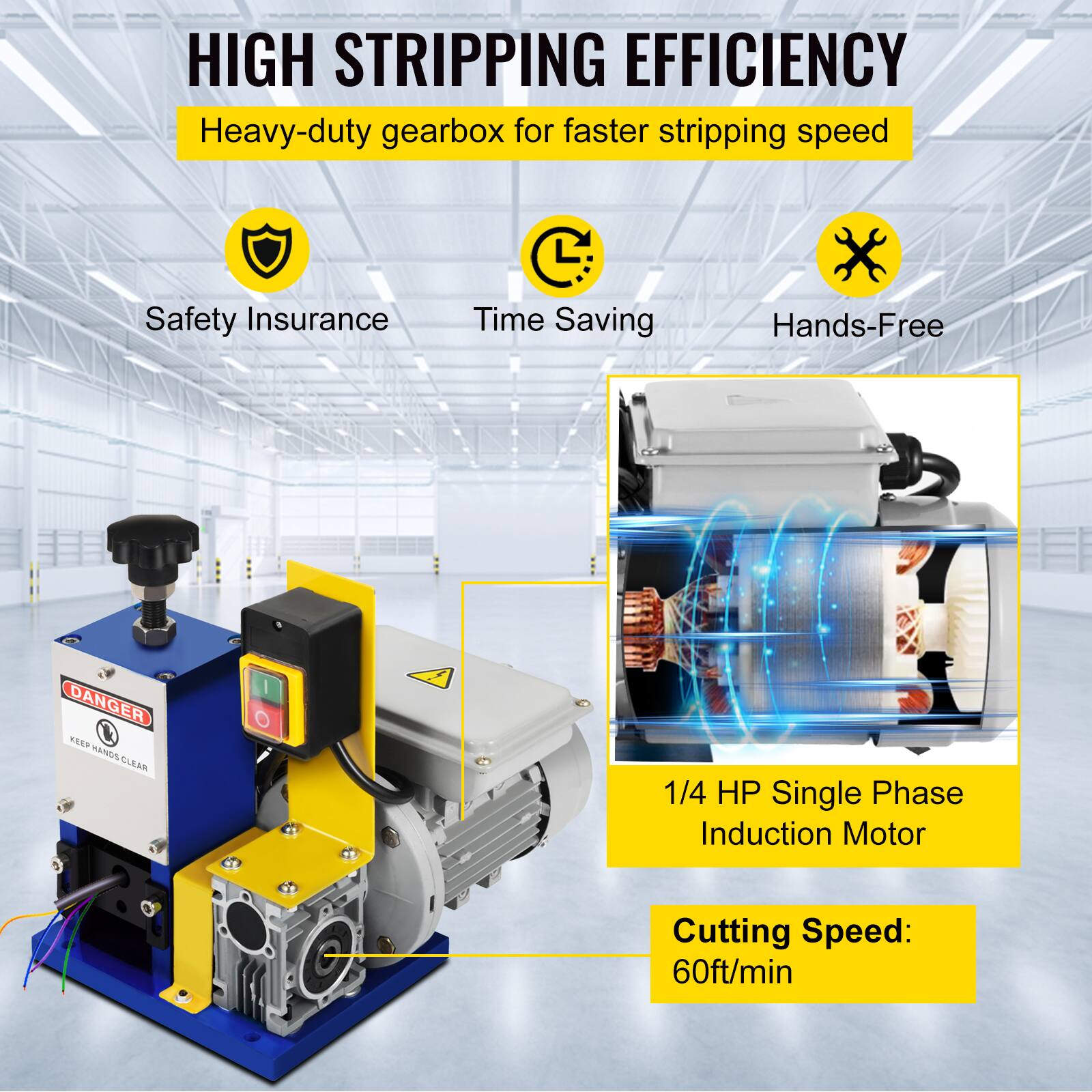 HIGH STRIPPING EFFICIENCY  
Heavy-duty gearbox for faster stripping speed  
Safety Insurance  
Time Saving  
Hands-Free  

DANGER  
KEEP HANDS CLEAR  

1/4 HP Single Phase Induction Motor  
Cutting Speed: 60ft/min