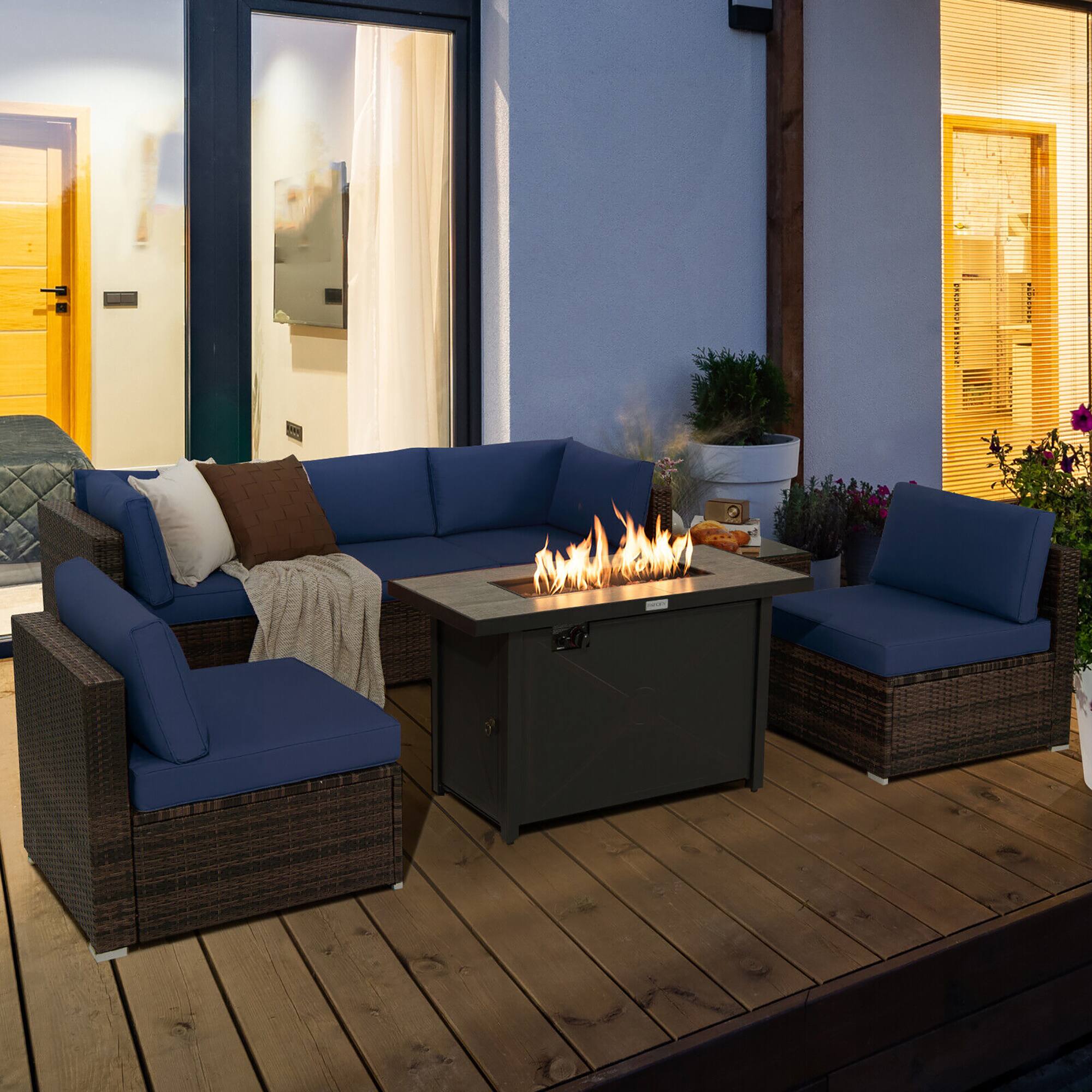 Alt View 2. Gymax - Gymax 7PCS Patio Rattan Furniture Set Fire Pit Table Cover Cushion Navy - Navy.