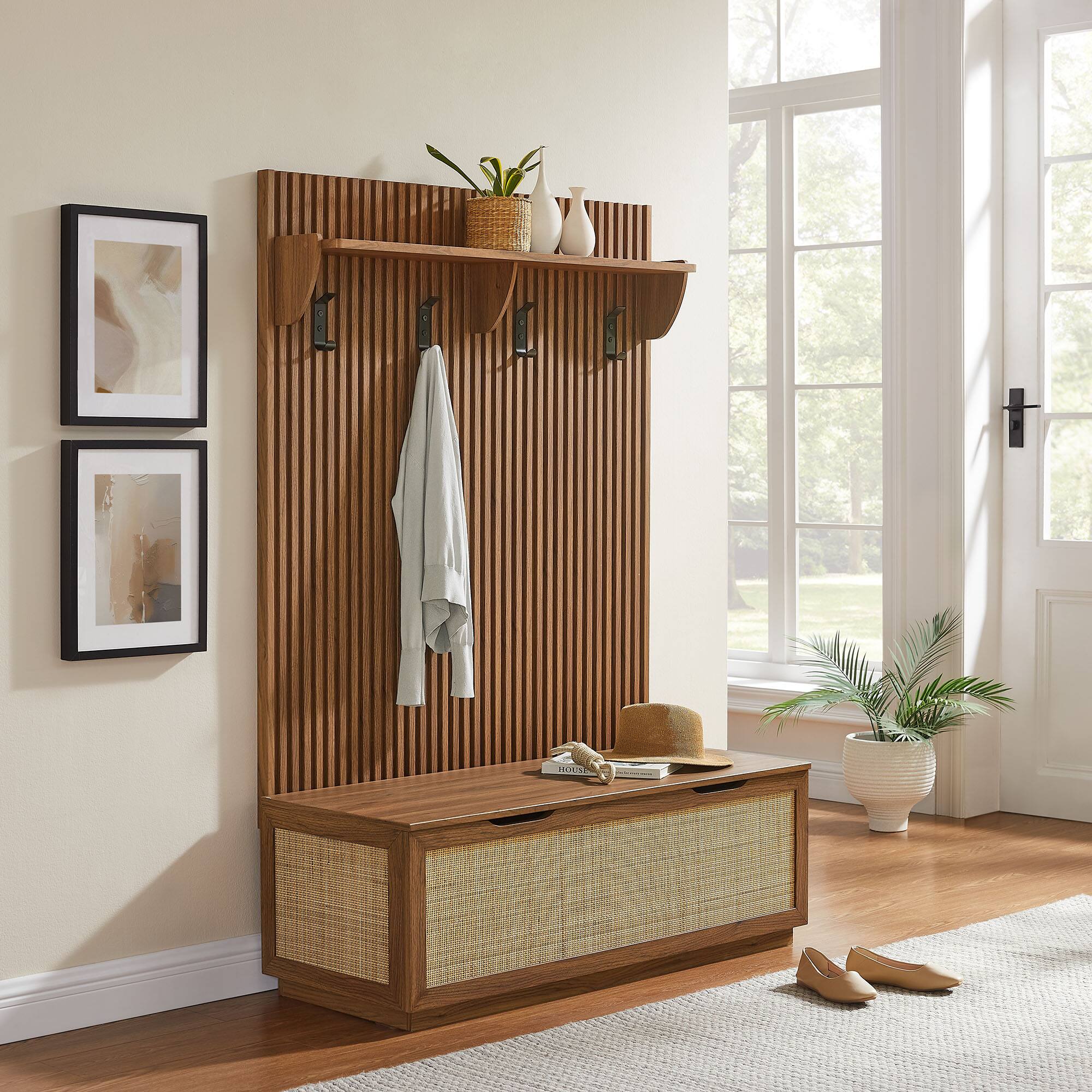 Soma Fluted 3-in-1 Hall Tree With Storage Bench and Coat Rack by Modway - Walnut
