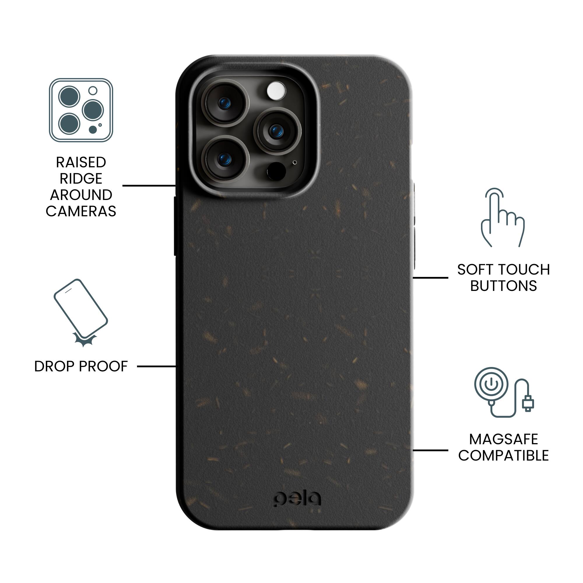 The image features a cell phone case that has raised ridge around the cameras, soft touch buttons, and drop proof features. Additionally, the case is compatible with MagSafe technology.