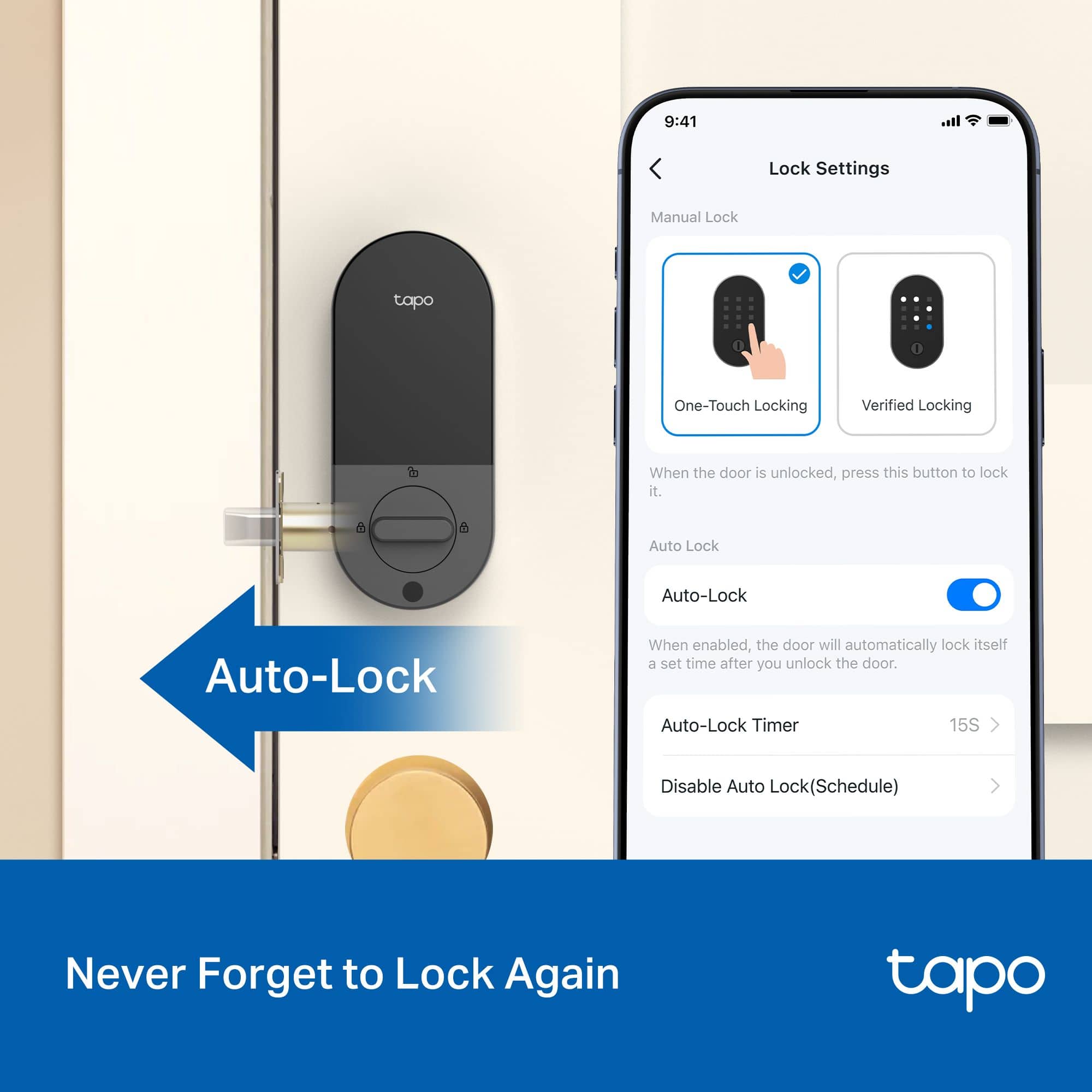The text on the image is grouped and corrected as follows:
"Never Forget to Lock Again"
"Auto-Lock"
"Auto-Lock Timer 15S"
"Disable Auto Lock (Schedule)"