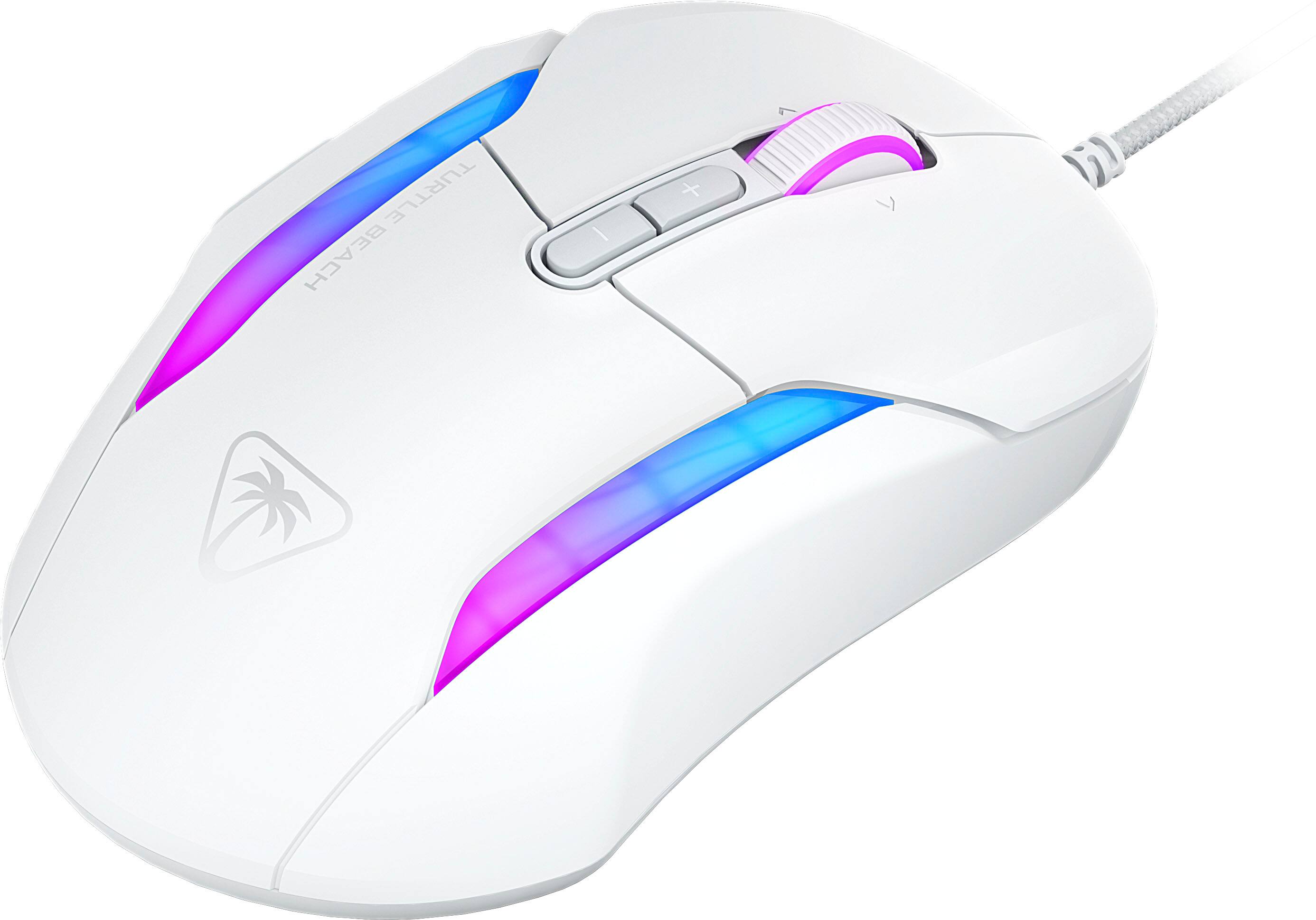 The image features a white computer mouse with a purple and blue light on it. The mouse is designed by Turtle Beach, a company known for its gaming accessories. The mouse has a sleek and modern design, making it an attractive choice for gamers and computer users alike.