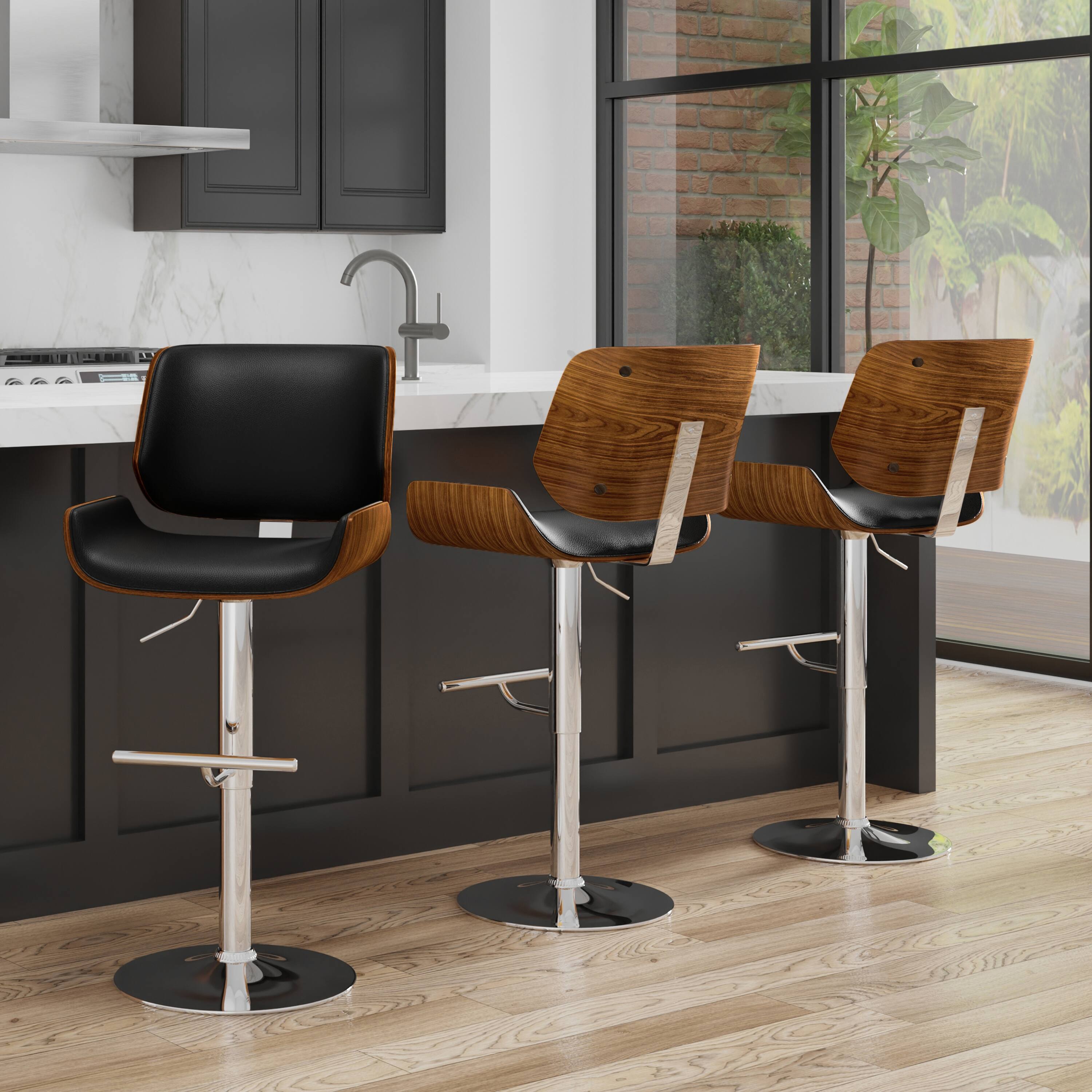 Angle. Simpli Home - Dixie Mid Century Modern 16 inch Adjustable Swivel Bar Stool in Black Vegan Faux Leather - Black.