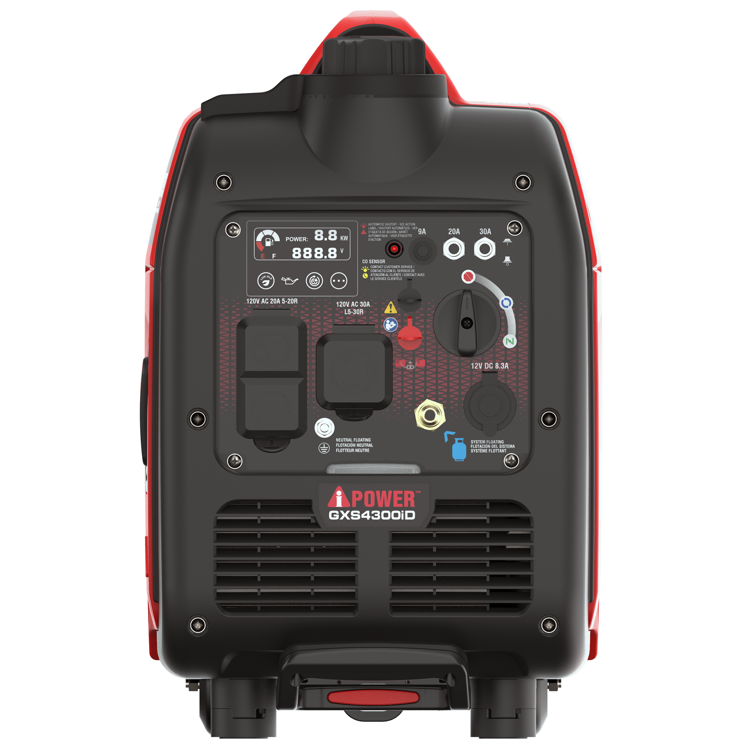 POWER 8.8 kW  
888.8 V

120V AC 20A 5-20R  
120V AC 30A 5-30R  
12V DC 8.3A

POWER GX54300iD