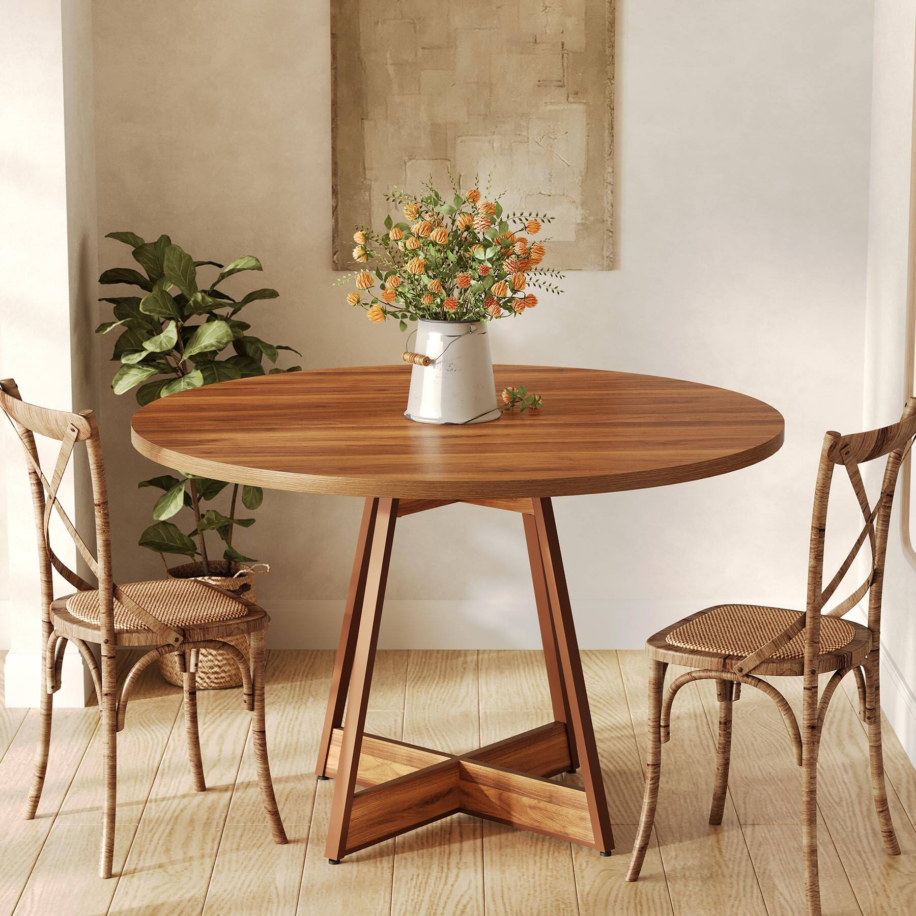 Alt View 4. Tribesigns - 39.4-Inch Round Farmhouse Dining Table with Openwork Pedestal Base for 2-4 People - Brown.