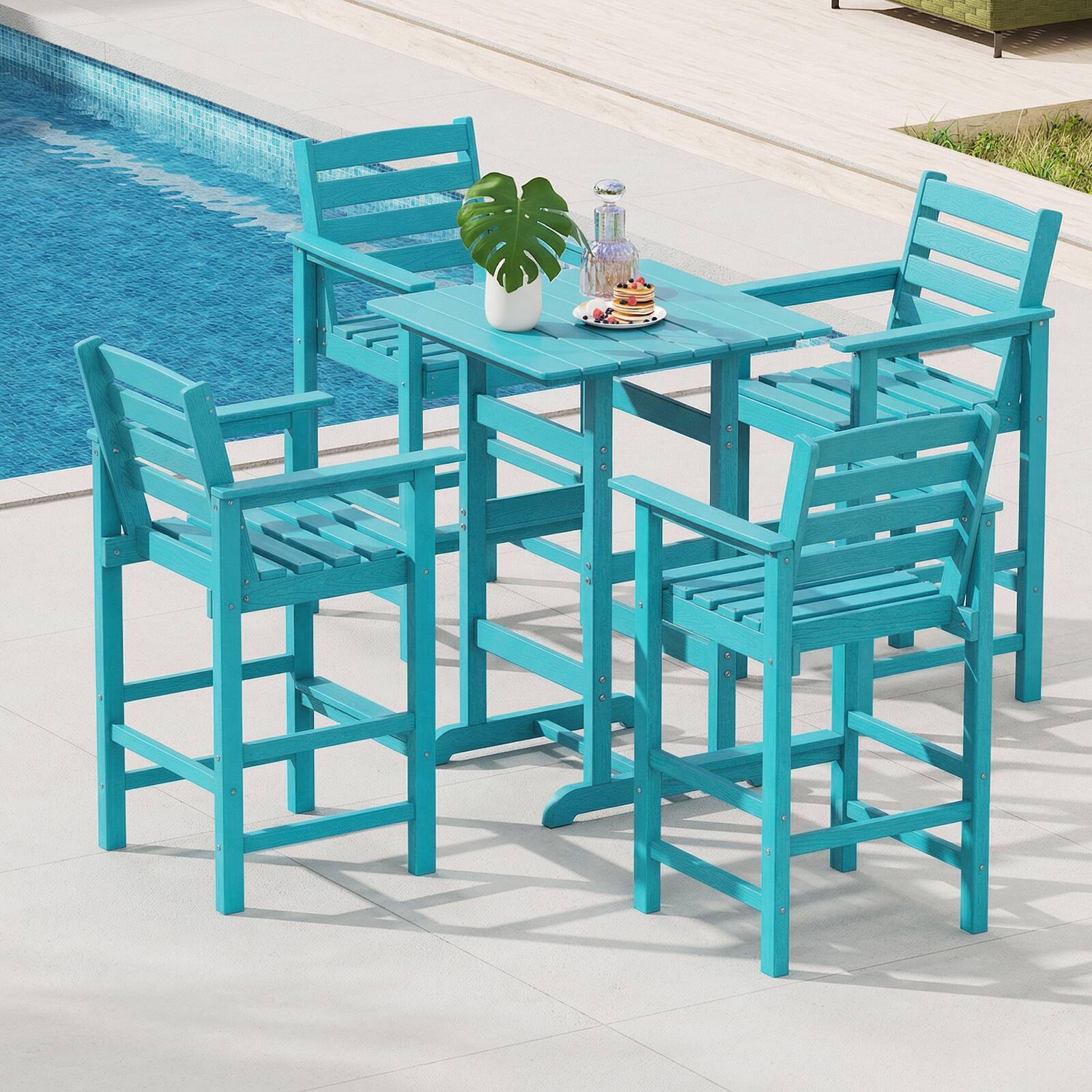 Alt View 3. Costway - Costway Outdoor Bar Table All Weather HDPE Patio Table with Wood Grains Bistro Table - Turquoise.