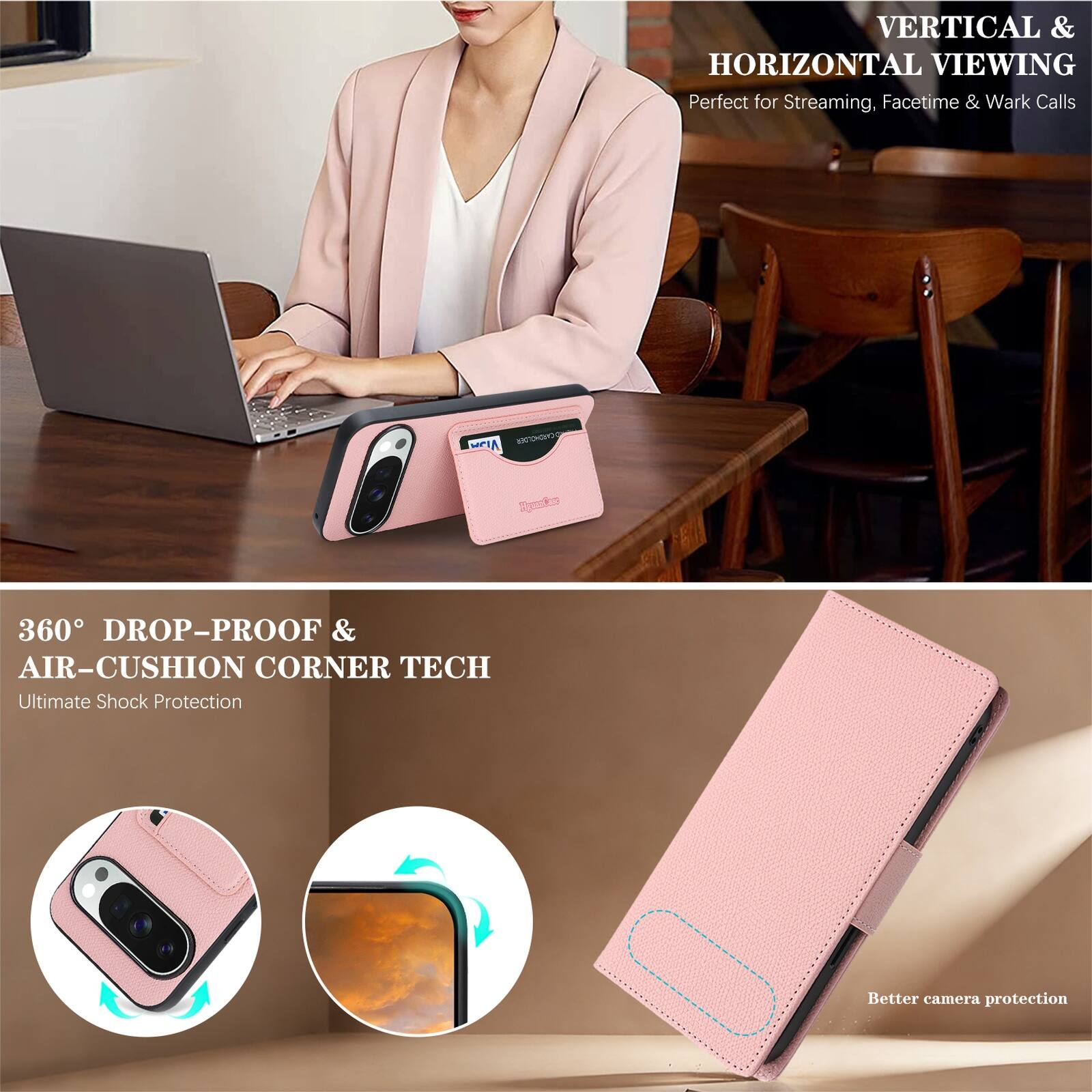 VERTICAL & HORIZONTAL VIEWING  
Perfect for Streaming, Facetime & Work Calls  

360° DROP-PROOF & AIR-CUSHION CORNER TECH  
Ultimate Shock Protection  

Better camera protection
