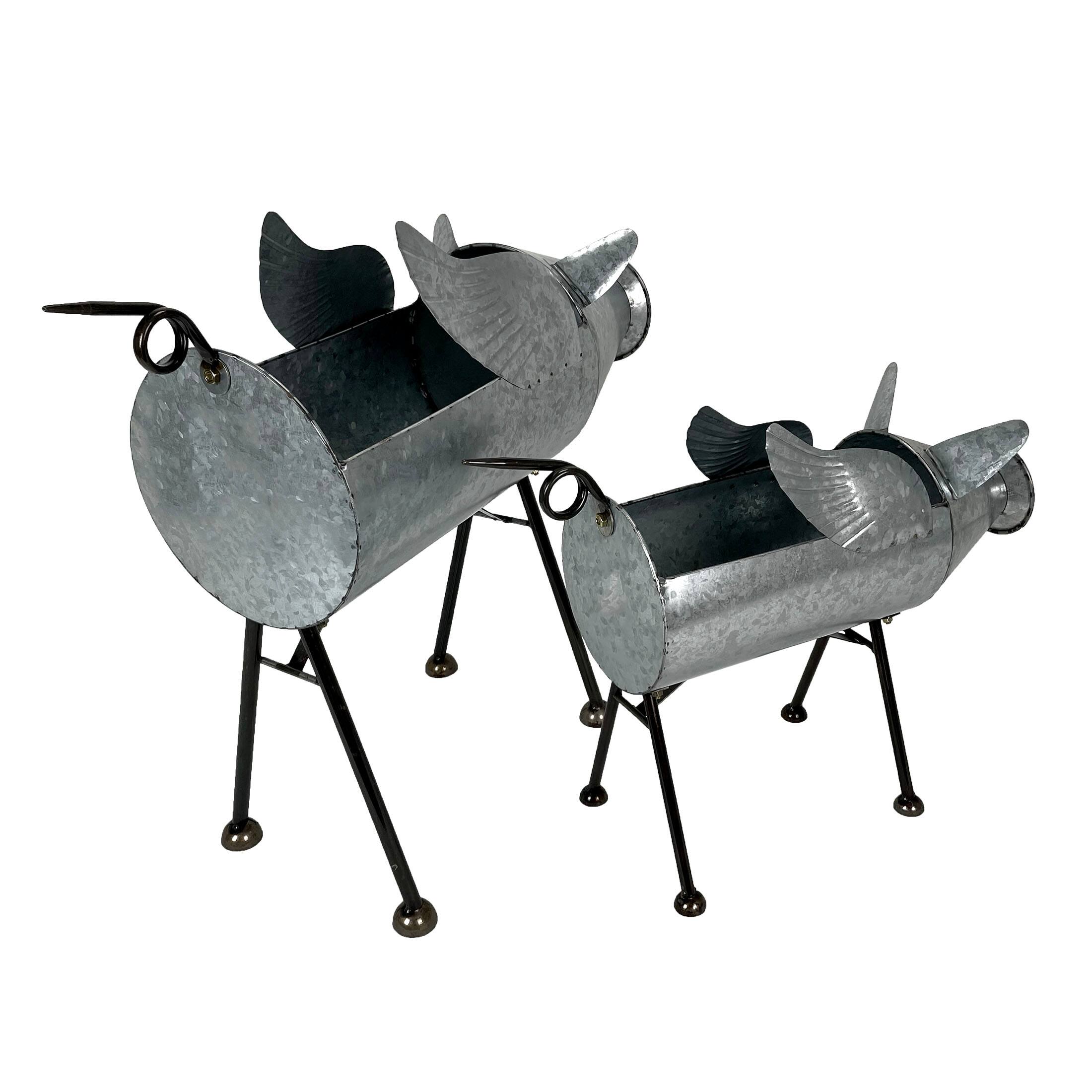 Alt View 7. Zeckos - Set of 2 Flying Pig Planters - Distressed Metal - Whimsical Farmhouse Decor - Flying Silver.