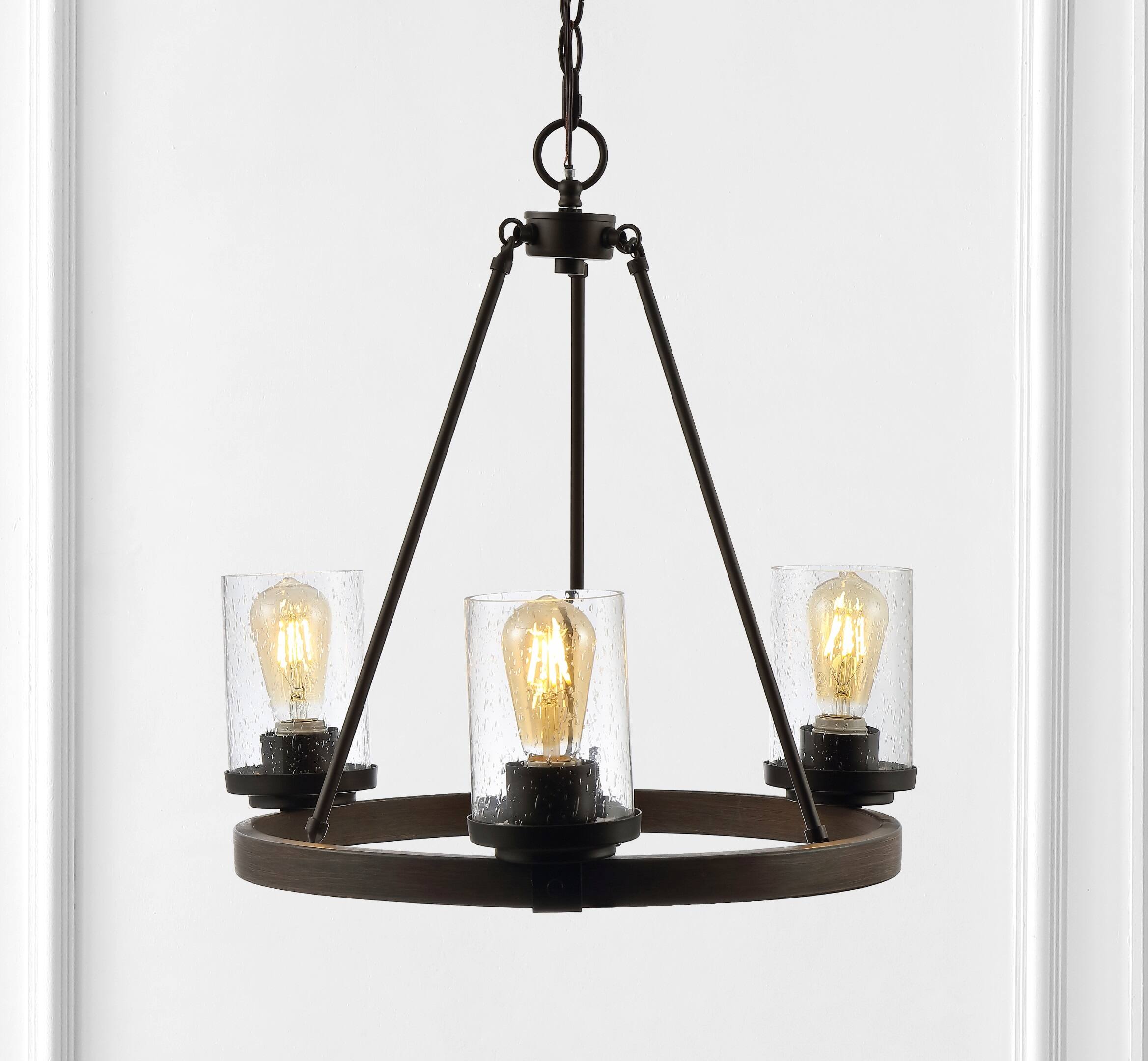 Alt View 1. Jonathan Y - Coronet 20" 3-Light Iron/Seeded Glass Rustic Farmhouse LED Chandelier, Oil Rubbed Bronze - Oil Rubbed Bronze.