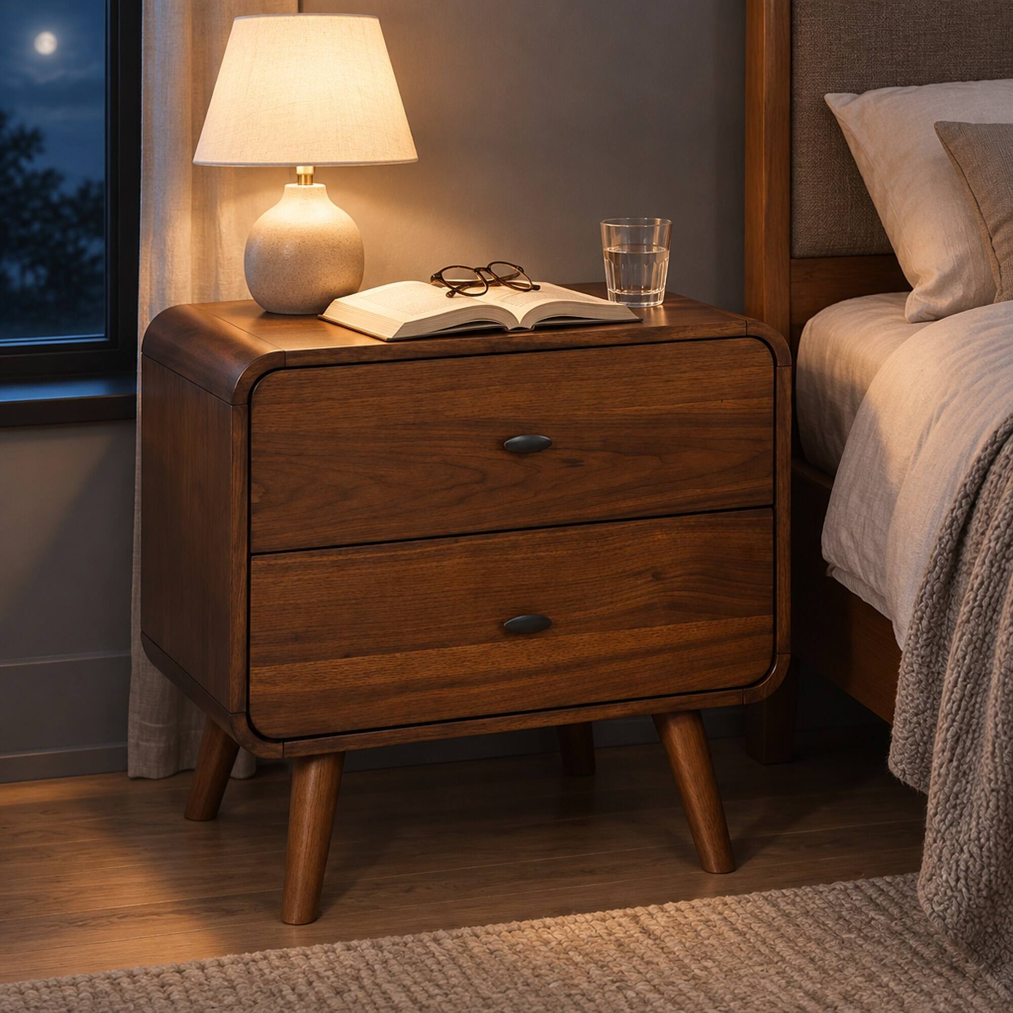 Back. RYHNUYNE - Mid-Century Modern Nightstand, Dark Walnut Finish, 2 Drawers, Metal Glides, 26.5 in High - Walnut.