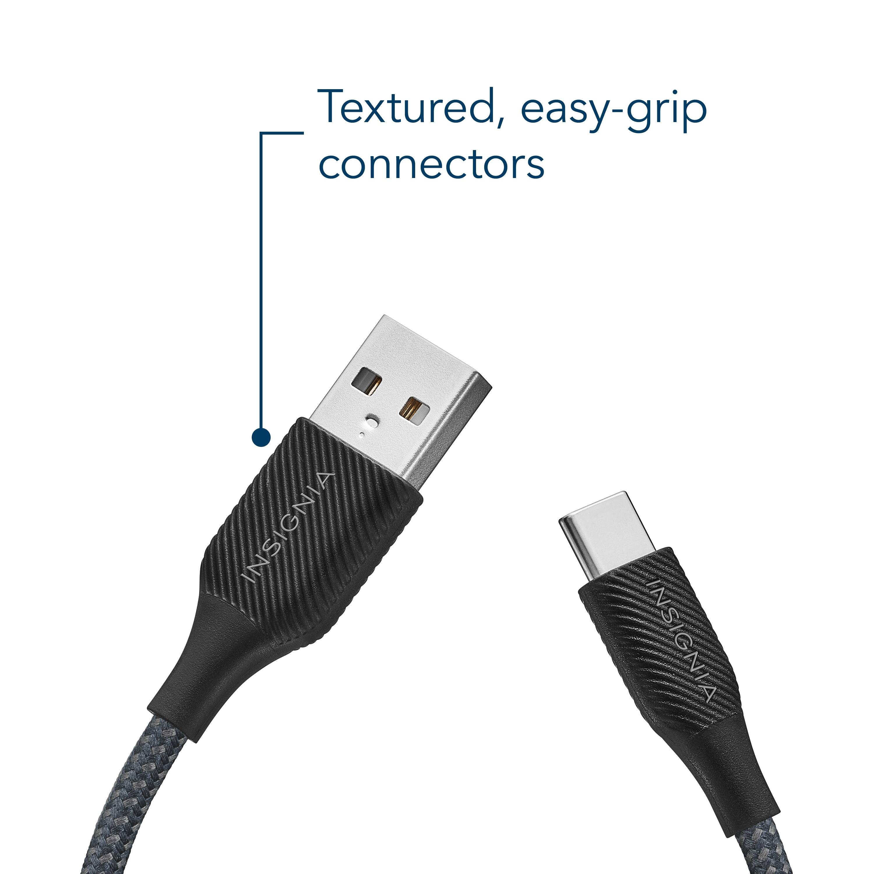 Textured, easy-grip connectors are used in the Insignia brand.