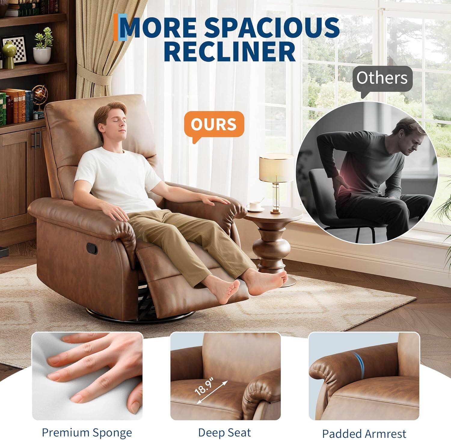 MORE SPACIOUS RECLINER

OURS

Premium Sponge
Deep Seat (18.9")
Padded Armrest