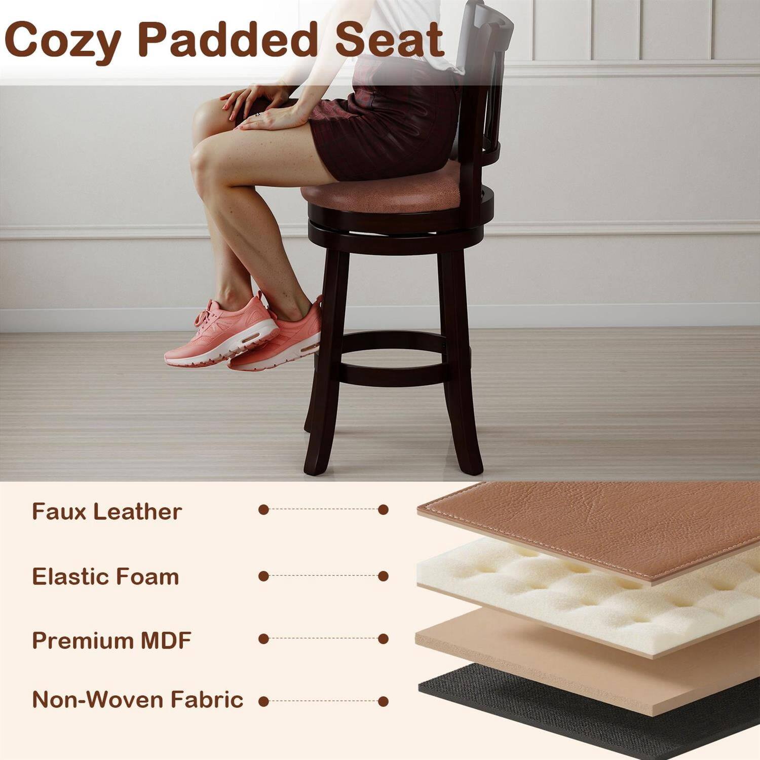 Cozy Padded Seat

- Faux Leather
- Elastic Foam
- Premium MDF
- Non-Woven Fabric