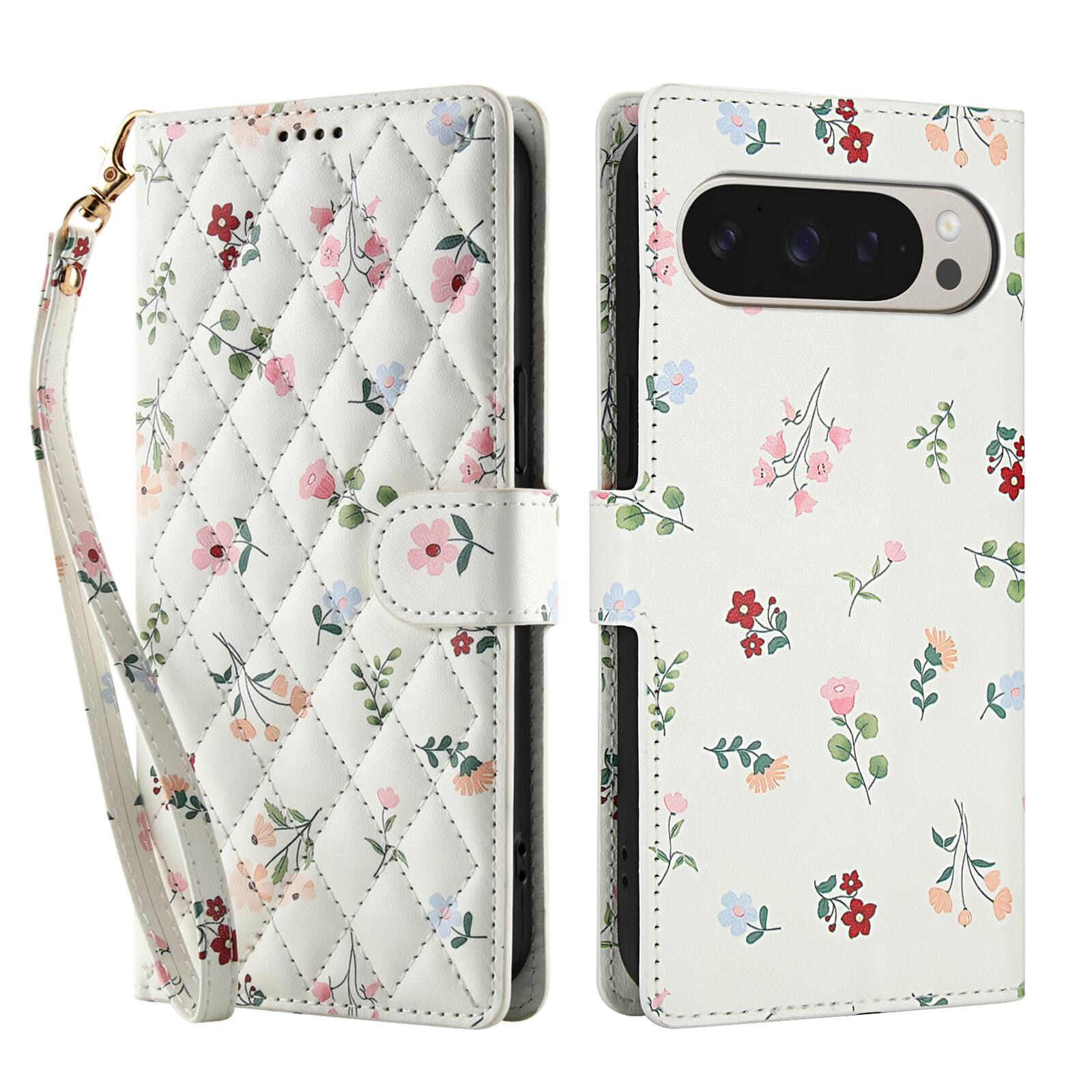 Angle. Dteck - Floral Wallet Case for Google Pixel 10 Pro XL with Wrist Strap, Premium PU Leather Shockproof Protective Flip Cover - A.