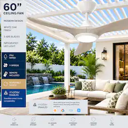 ENLIGHT - 60" Smart Ceiling Fan, IP66 Outdoor/Coastal, CCT & Dimmable LED, Durable, Efficient, Quiet DC Motor, Matter, 3 Blades - White Oak Woodgrain