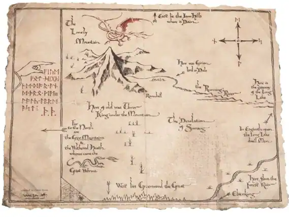 The Lonely Mountain
East lie the Iron Hills where is Dain's Girion's Dale
Here is the Running River
Here is the gatety of the Long Lake
For to the North are the Grey Mountains the Withered Heath whence came the Great Worms
West lies Greenwood the Great
In Esgaroth upon the Long Lake dwell Men
Here flows the Forest River
The Desolation of Smaug
King under the Mountain
Here of old was Thrór