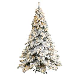 BreeBe - 7’ Flocked Austria Fir Xmas Tree w/1063 Tips and 400 LEDs - White, Green