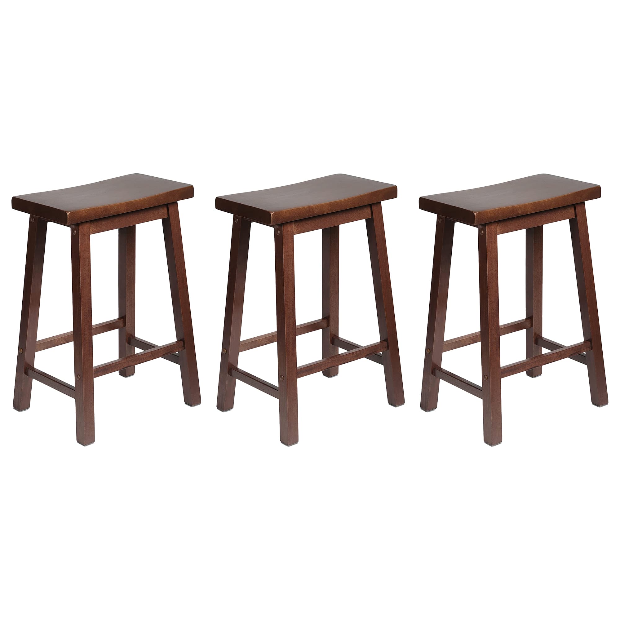 PJ Wood - Classic Saddle Seat 24 Inch Kitchen Bar Counter Stool, (3 Pack) - Walnut