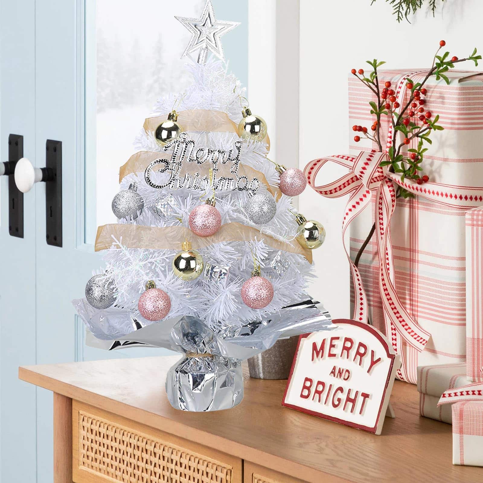 Stylel Star - Small Mini Table top Christmas Tree with 50 LED Lights 24 Inch /2FT Little Prelit Christmas Tree Decorated Gift - White