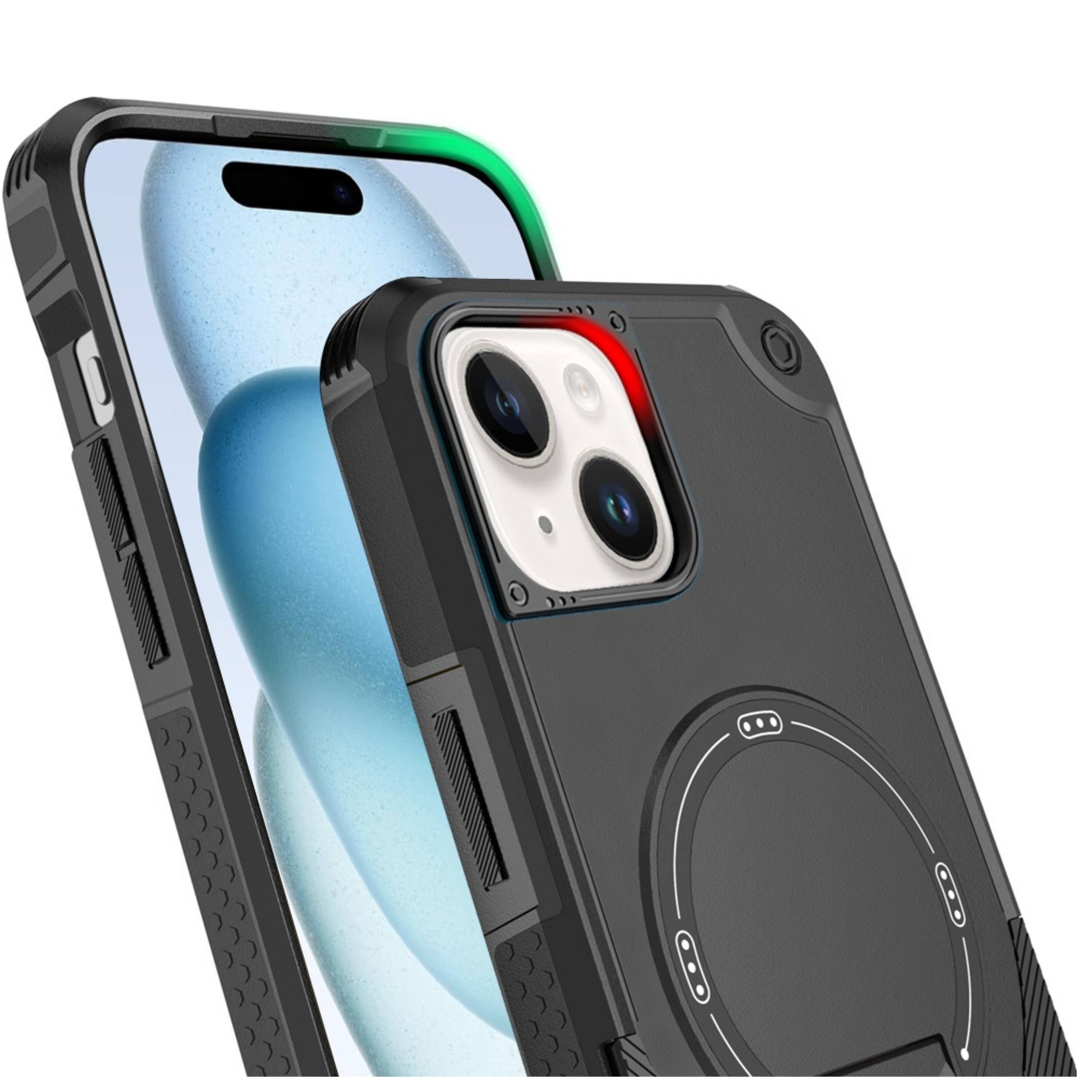 Angle. Kitcheniva - Magnetic Circle Rugged Grip Kickstand Phone Case With 2 Tempered Glass For iPhone 15 Green - Green.