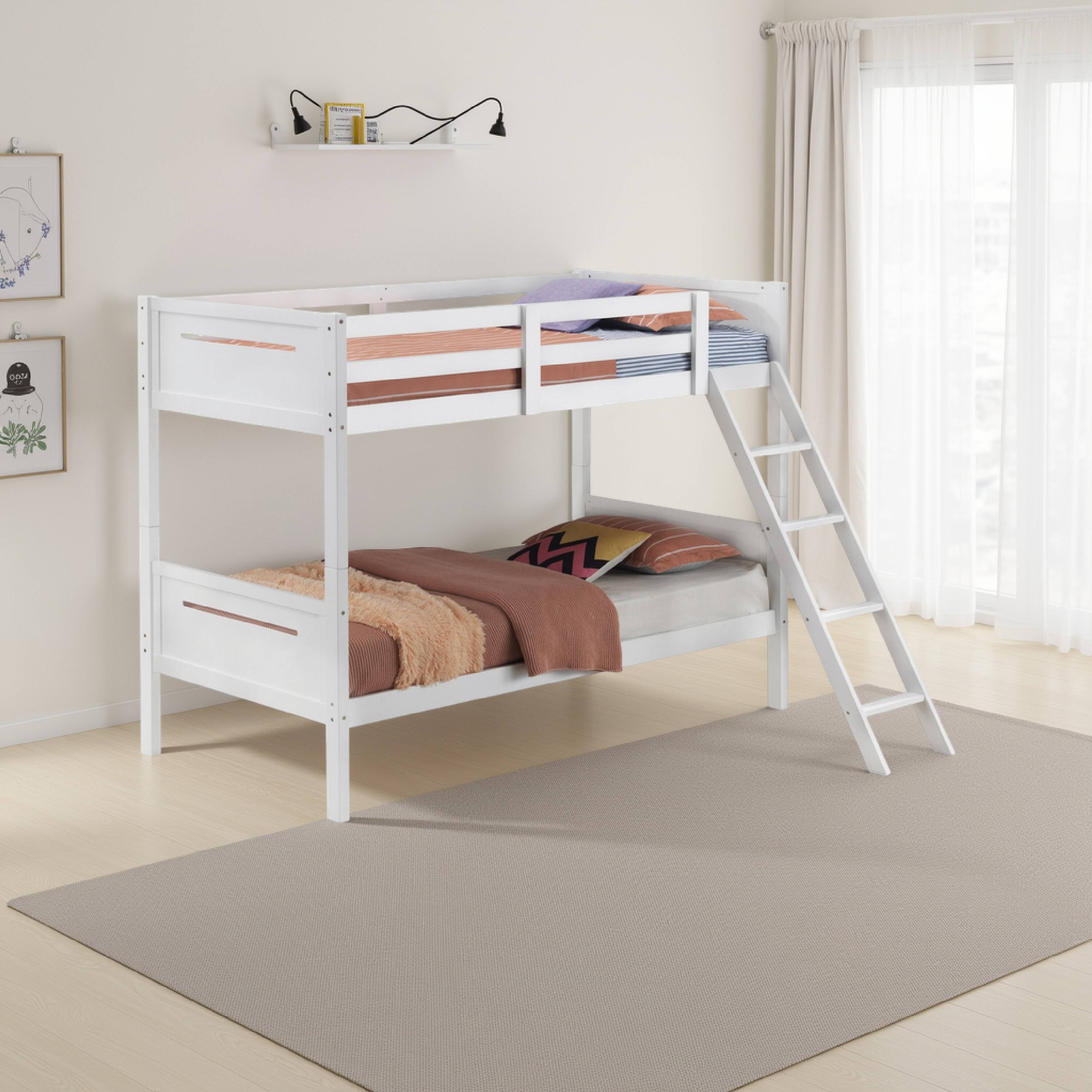 Alt View 5. Manhattan Lane - Amey Twin over Twin Bunk Bed, Guard Rails, Attached Ladder, White Wood - White.