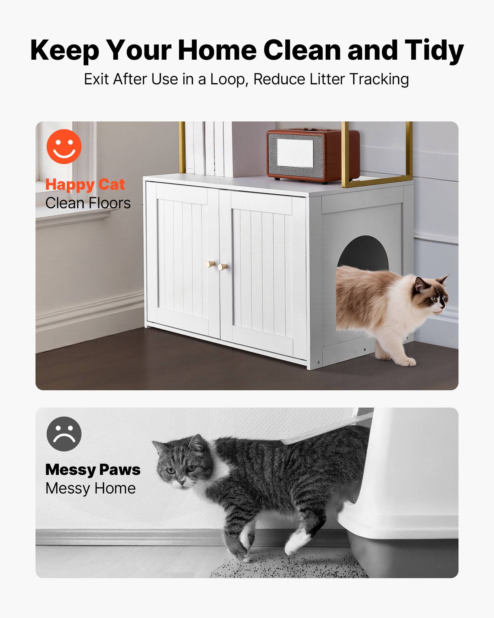 Keep Your Home Clean and Tidy  
Exit After Use in a Loop, Reduce Litter Tracking  

Happy Cat  
Clean Floors  

Messy Paws  
Messy Home