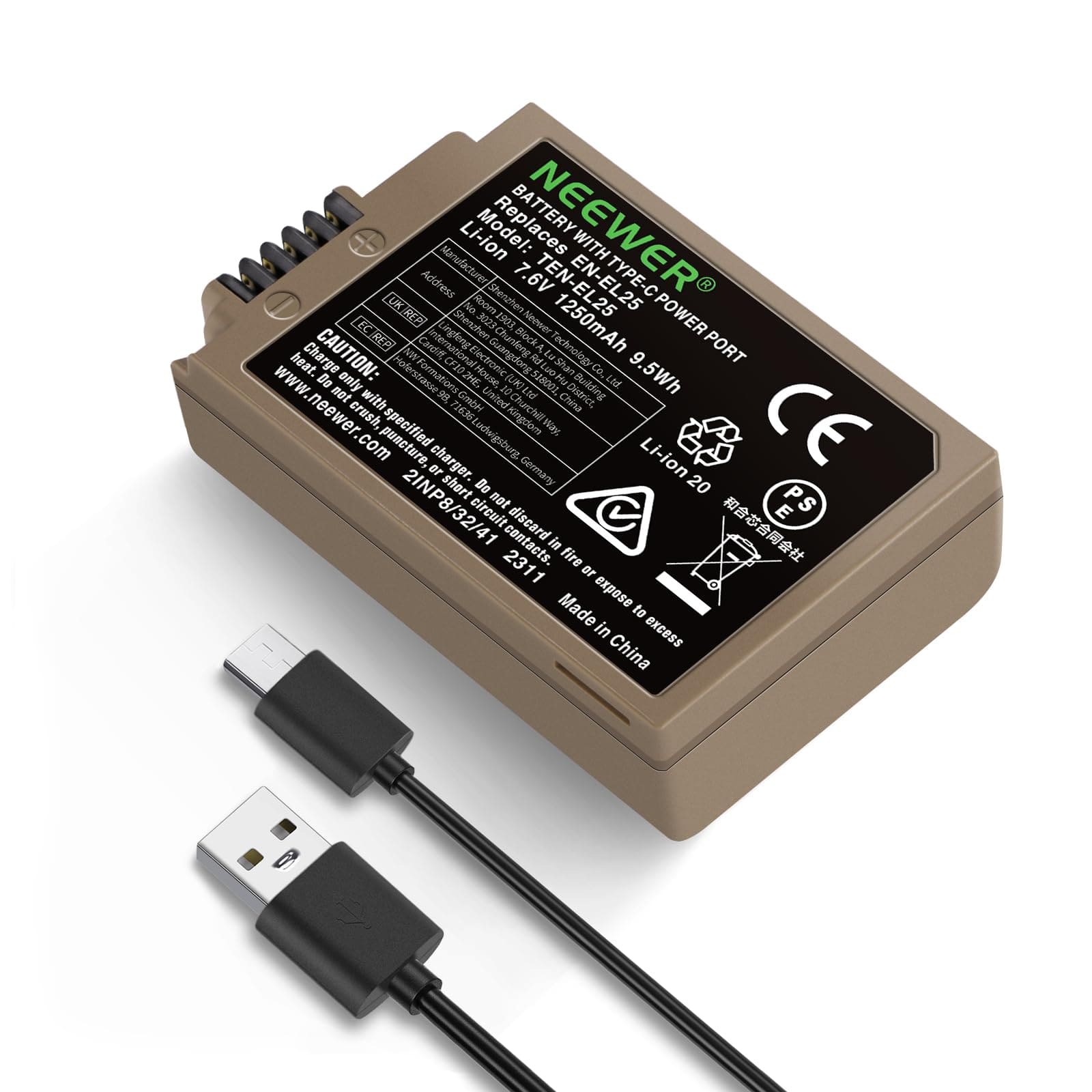 Neewer - 1250mAh EN-EL25 Replacement Battery for Nikon Zfc/Z30/Z50, USB-C Fast Charge