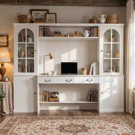 Famapy - Large Desk with Bookcase, 98.4" Wide Computer Desk with Hutch, Farmhouse Study Table for Home Office - White