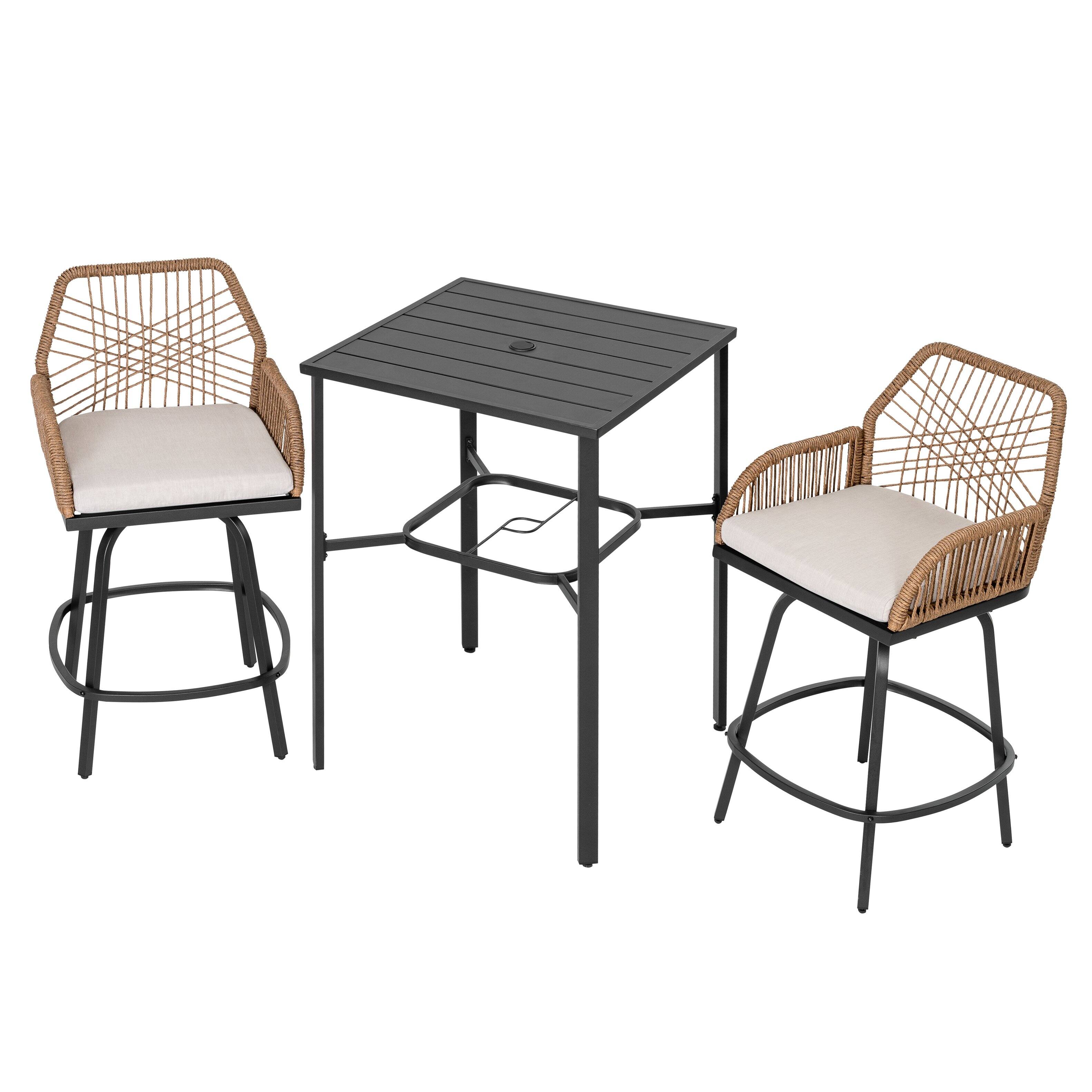 Alt View 6. Nuu Garden - Swivel Patio Bar Set with Cushions, Handwoven Twisted Rattan Design - 3pc Metal Top.