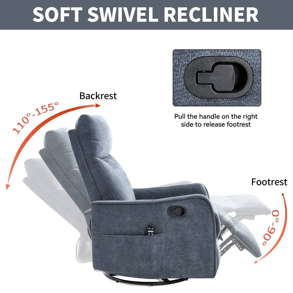 SOFT SWIVEL RECLINER

Backrest 110-155

C- Pull the handle on the right side to release footrest

Footrest 0-90