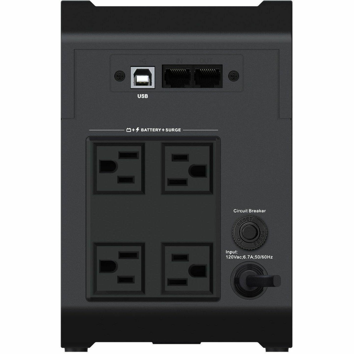 IN OUT USB + BATTERY + SURGE  
Circuit Breaker RESET TO PRESS  
Input: 120Vac, 6.7A, 50/60Hz
