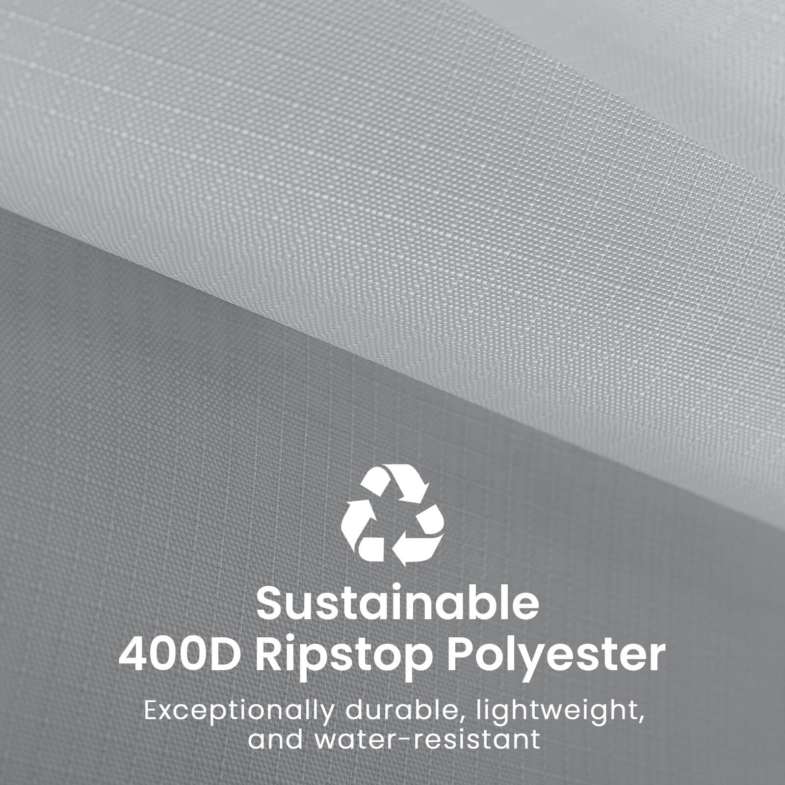 Sustainable 400D Ripstop Polyester  
Exceptionally durable, lightweight, and water-resistant