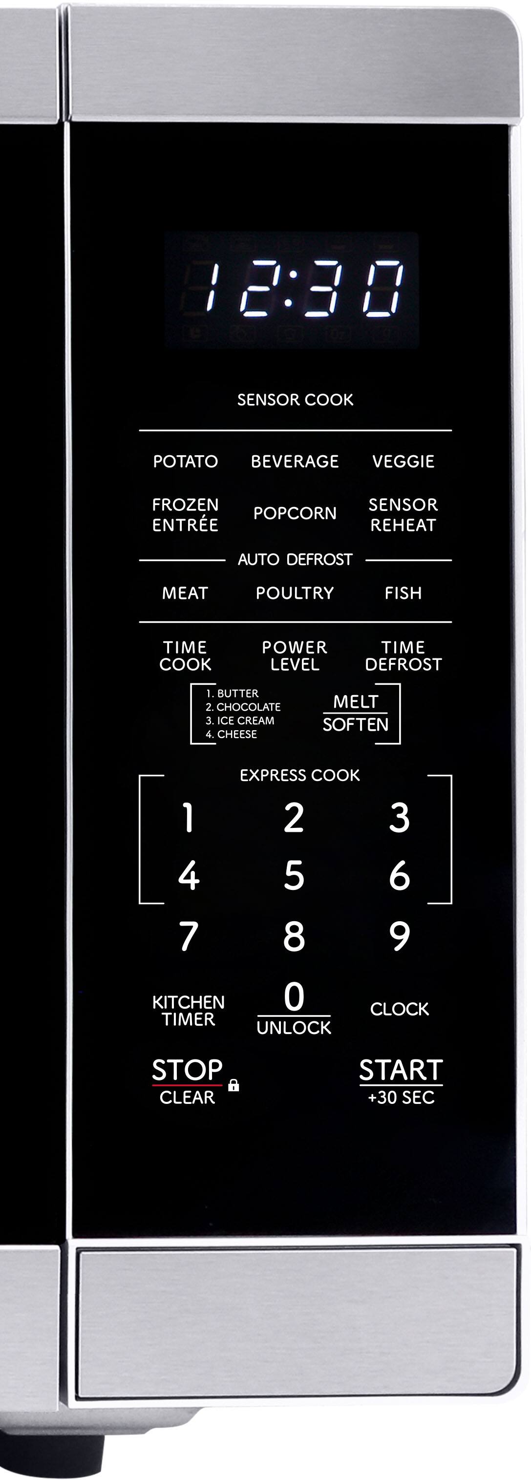 12:30 SENSOR COOK  
POTATO BEVERAGE VEGGIE  
FROZEN POPCORN SENSOR REHEAT  
ENTRÉE AUTO DEFROST  
MEAT POULTRY FISH  
TIME COOK POWER LEVEL TIME DEFROST  
1. BUTTER 2. CHOCOLATE 3. ICE CREAM 4. CHEESE  
MELT SOFTEN EXPRESS COOK  
1 2 3 4 5 6 7 8 9  
KITCHEN TIMER 0 UNLOCK CLOCK  
STOP CLEAR START +30 SEC