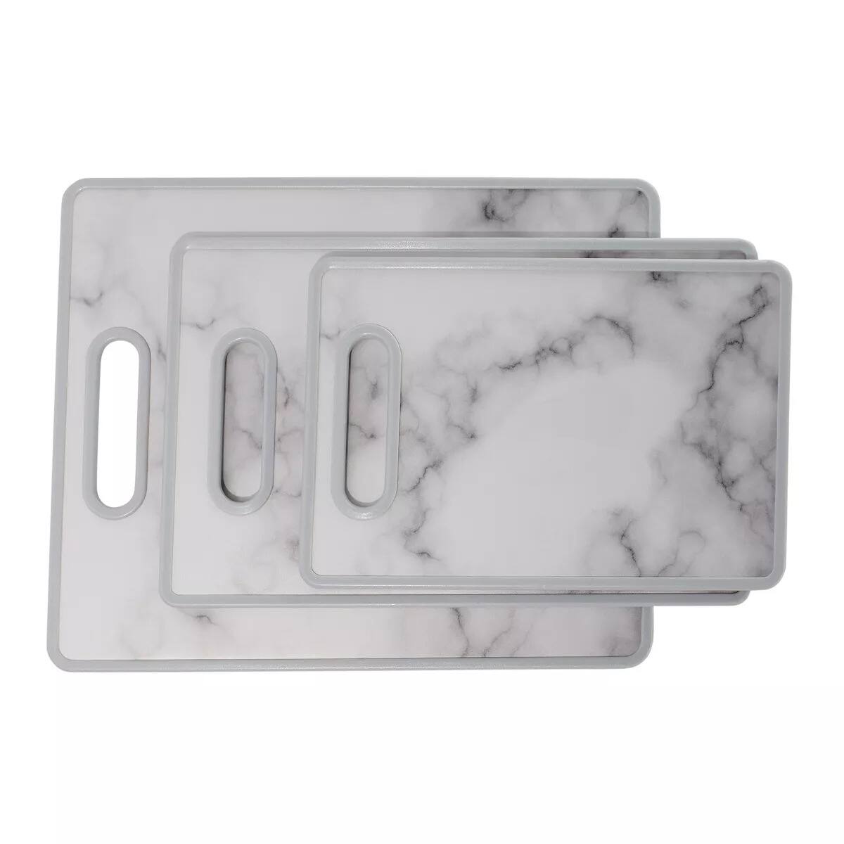 Front. Elle Decor - 3Pc Cutting Board Set - Marble Designed Plastic, 8"x12", 9"x14", 12"x15", Nonslip, Easy-Grip Handle, Dishwasher Safe - Marble.