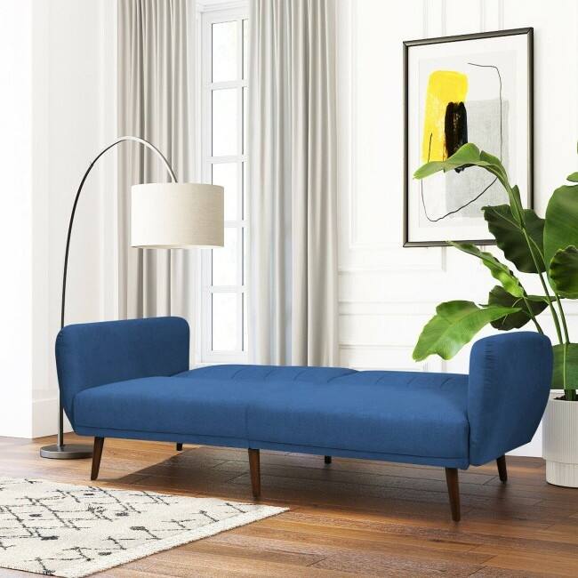Left. Hivvago - Modern Scandinavian Blue Linen Upholstered Sofa Bed with Wooden Legs - Blue.