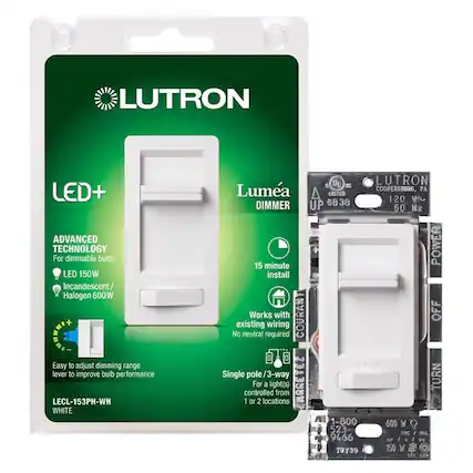 LUTRON LED+ ADVANCED TECHNOLOGY
For dimmable bulbs
LED 150W
Incandescent/ Halogen 600W
Easy to adjust dimming range lever to improve bulb performance
LECL-153PH-WH WHITE
LUTRON Lumea DIMMER
120 V~
60 Hz
15 minute install
Works with existing wiring
No neutral required
Single pole/3-way
For a light(s) controlled from 1 or 2 locations
COOPERSBURG, PA
1-800 600 W 523 IMC BAL 9466
TBY39
150 W e LED