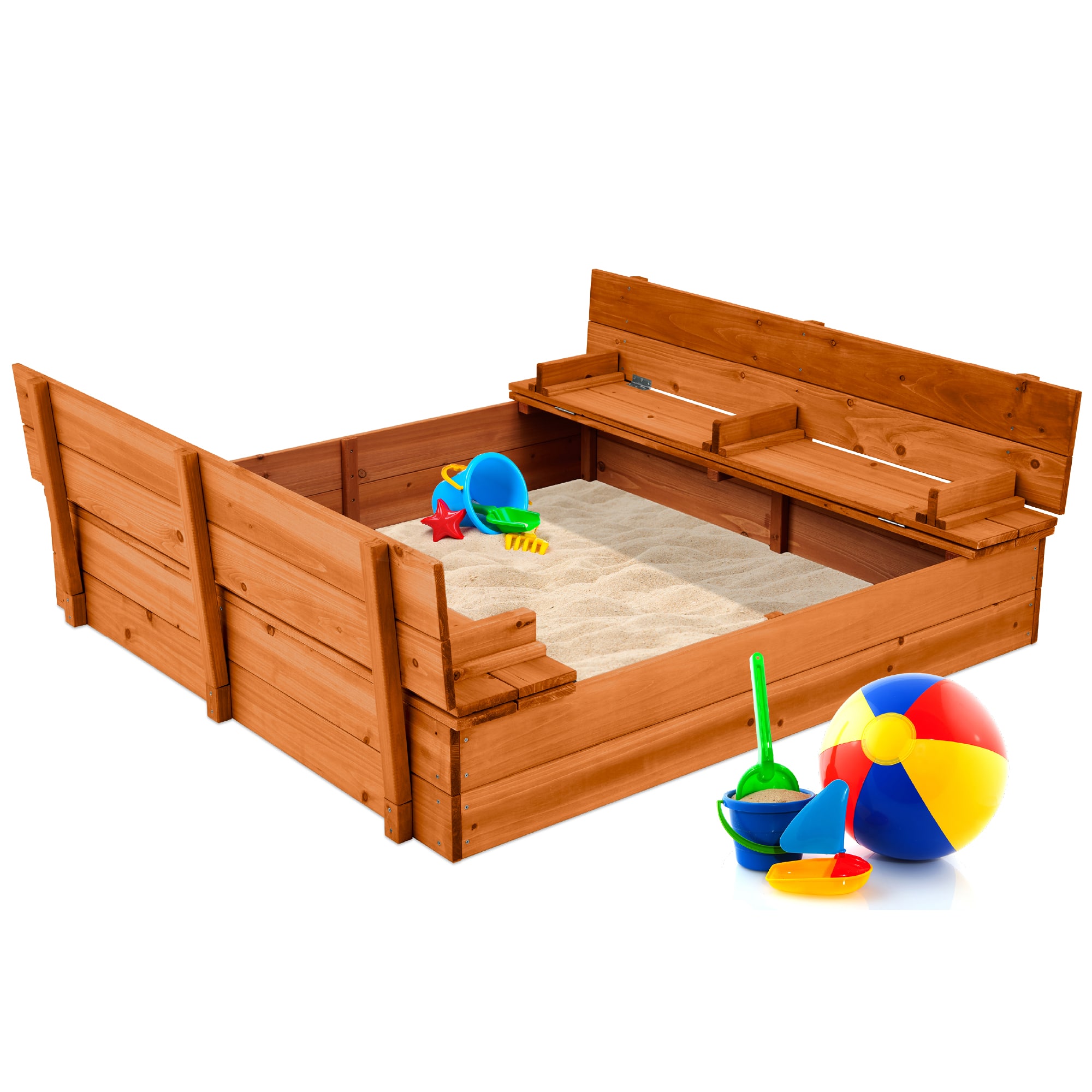 Front. Best Choice Products - Best Choice Products Large Outdoor Wooden Sandbox for Kids with Cover and Bench Seats Support up to 220 lbs - Brown - Brown.