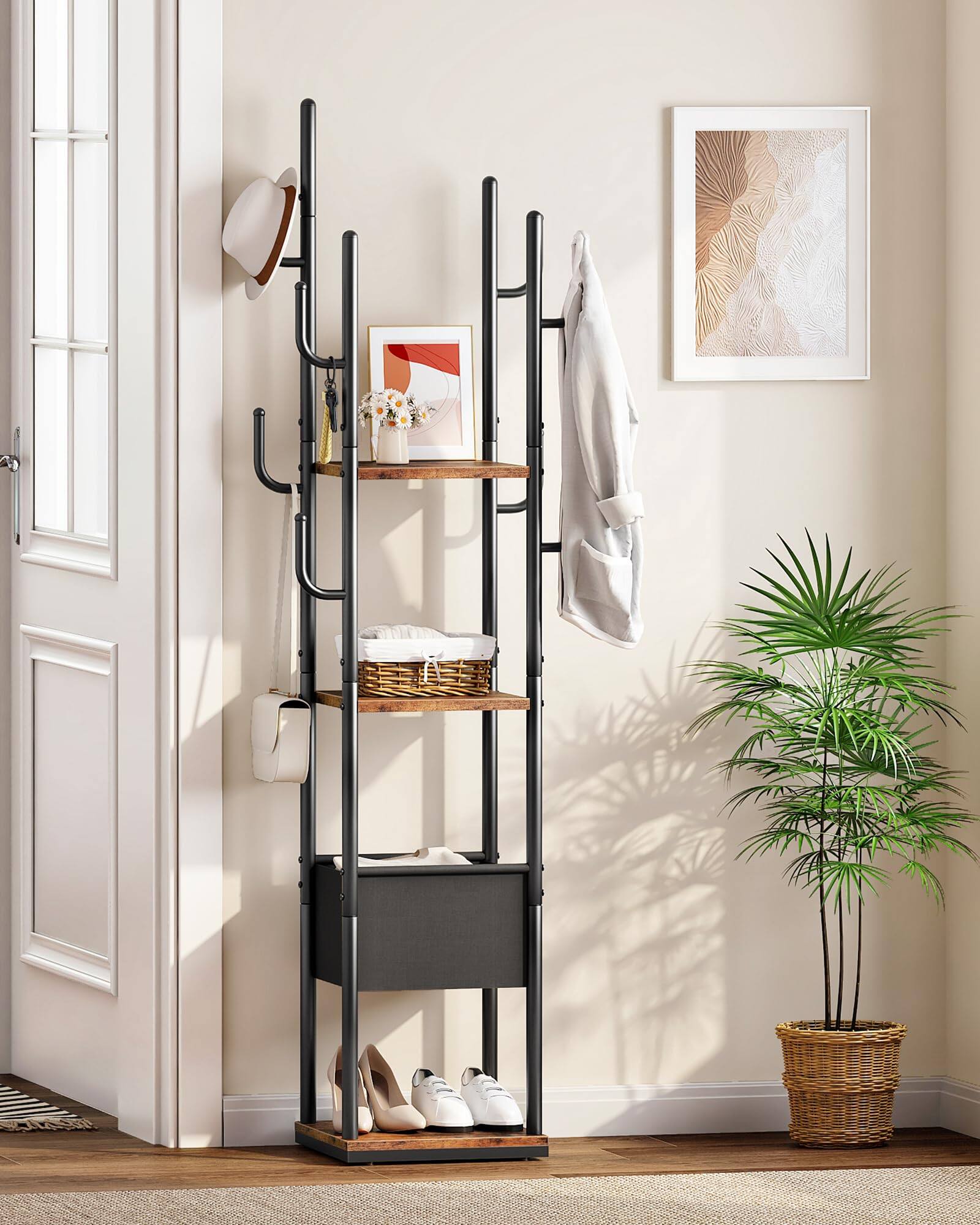 Hirose Alice - Coat Rack Freestanding Coat Rack with Shelves and Fabric Pouch Square Coat Hanger Stand Metal Clothes Tree - Default