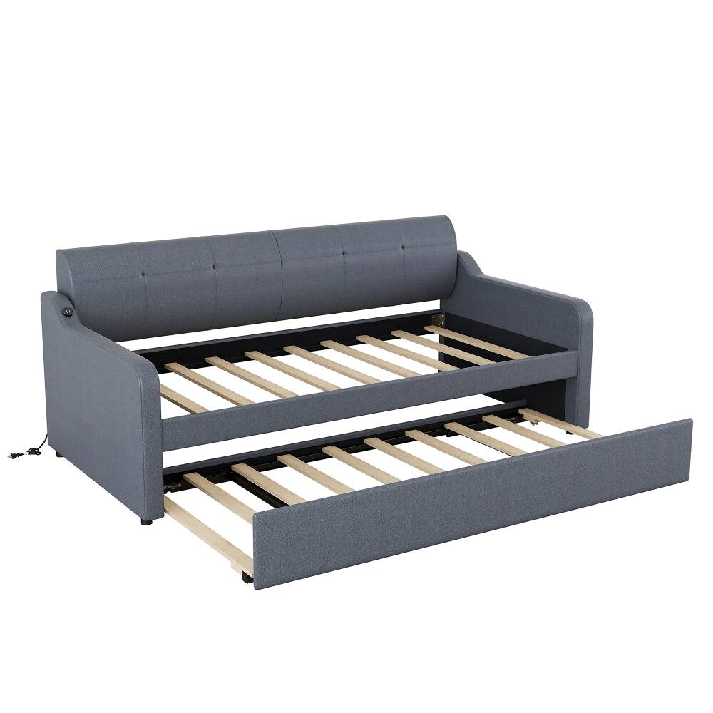 Alt View 4. Loheer - Loheer Twin Daybed with Pop-Up Trundle, Gray Upholstered Guest Bed with USB Port, Space-Saving Frame - Gray.