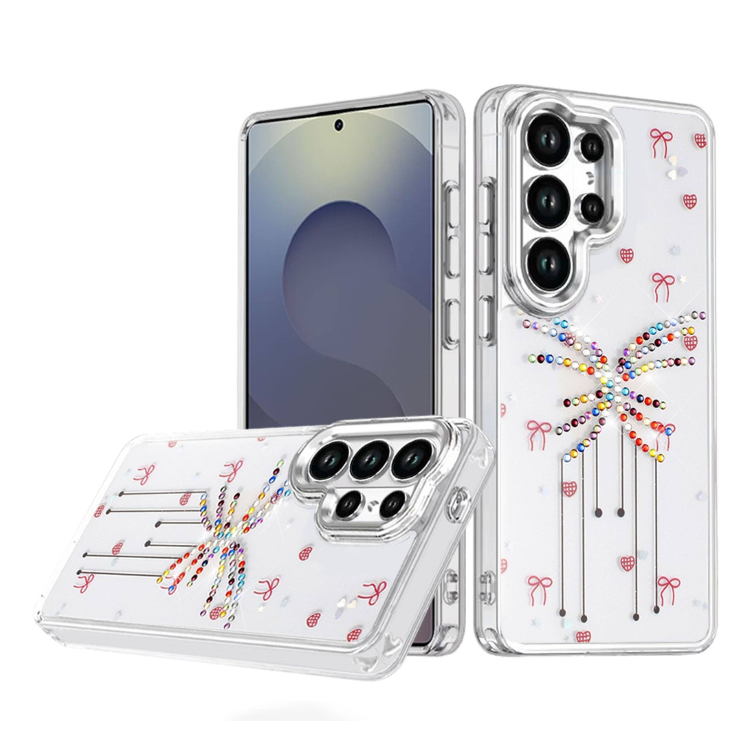 Angle. Kitcheniva - Colorful Epoxy Design Plastic Jewels Phone Case With Tempered Glass For Samsung Galaxy S25 Ultra Bow - Multicolor.