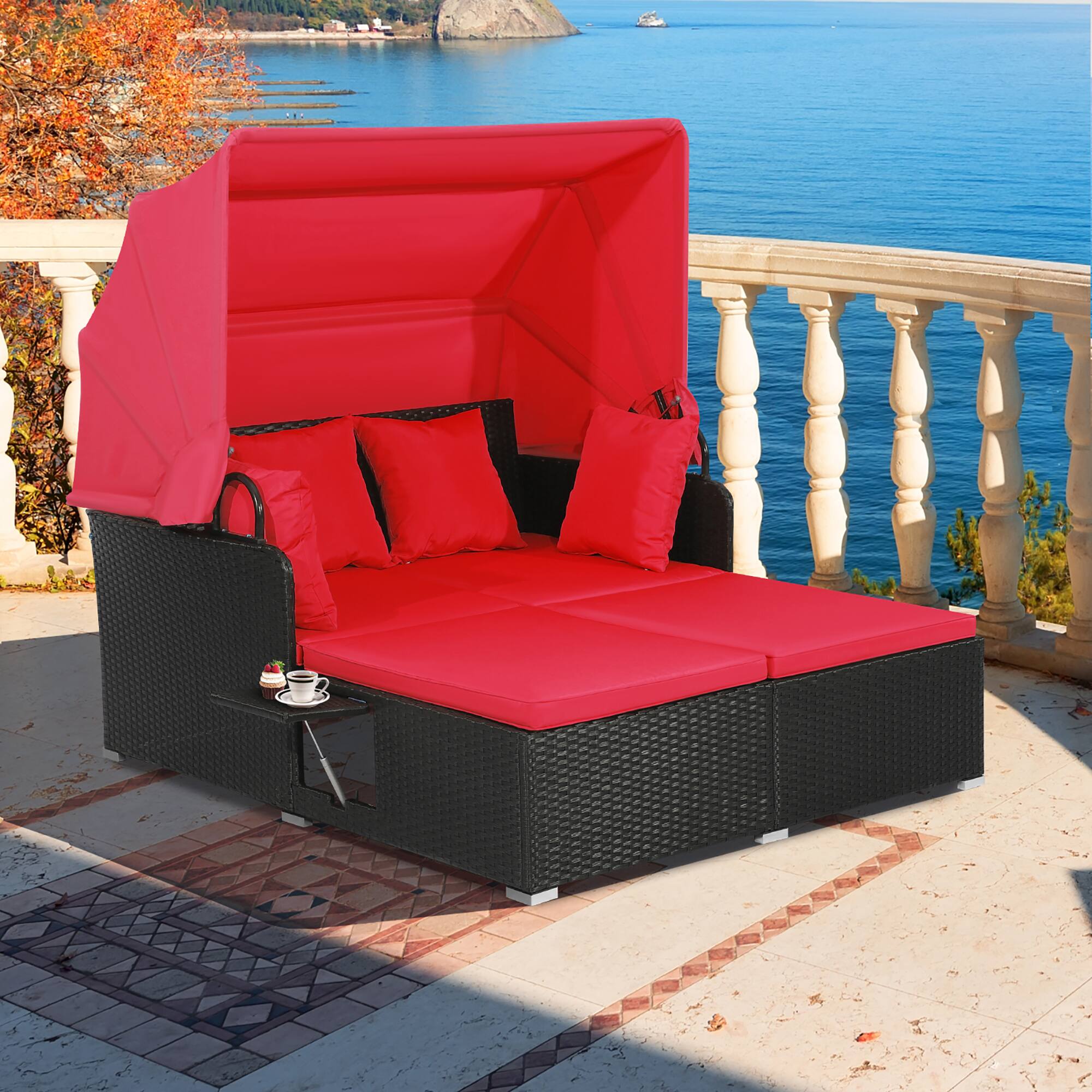 Alt View 2. Gymax - Gymax Patio Hand-Woven PE Wicker Daybed Outdoor Loveseat Sofa Set w/ Red Cushions - Red.