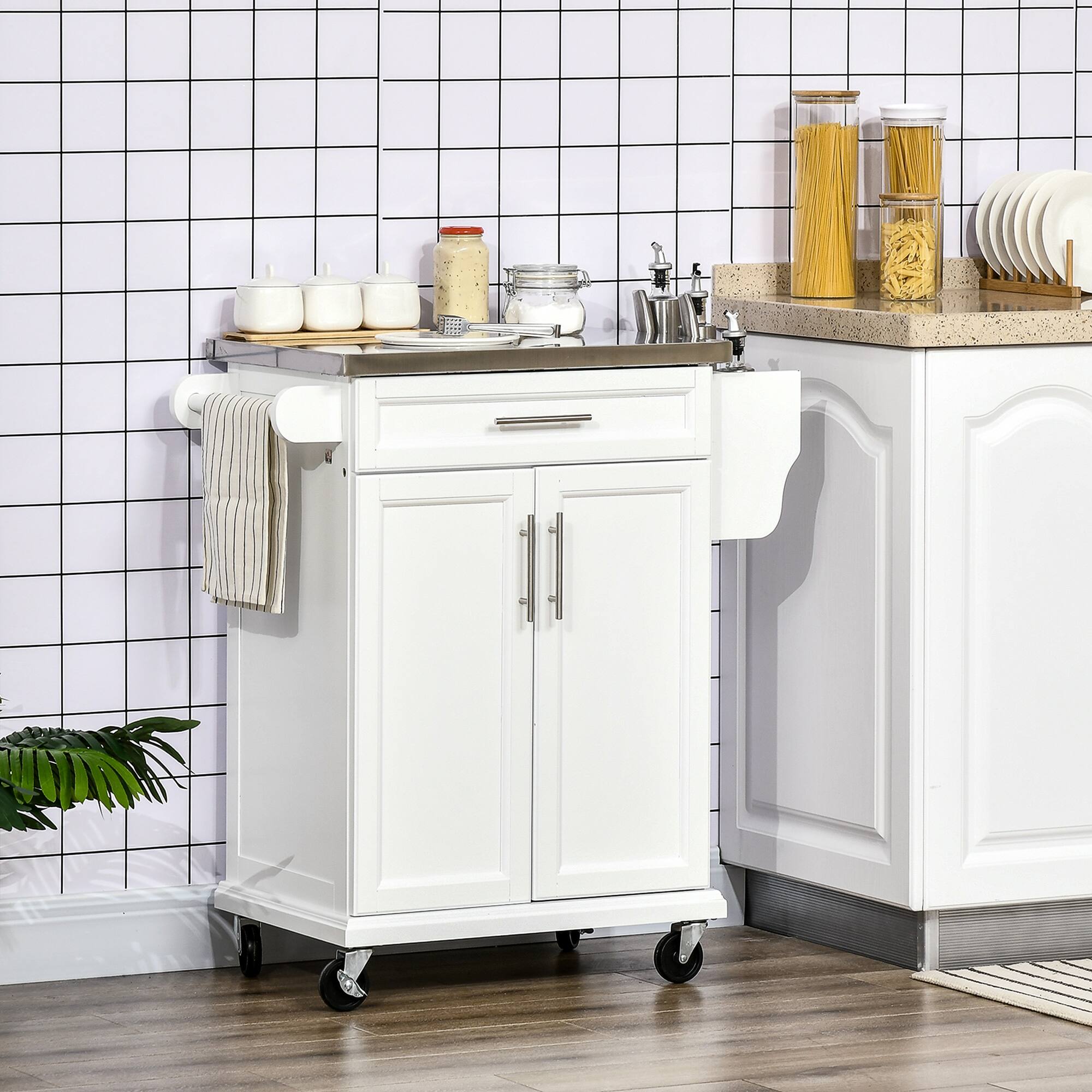 Alt View 1. Homcom - Island on Wheels, Rolling Kitchen Cart with Stainless Steel Countertop, Drawer, Towel Rack and Spice Rack - White.