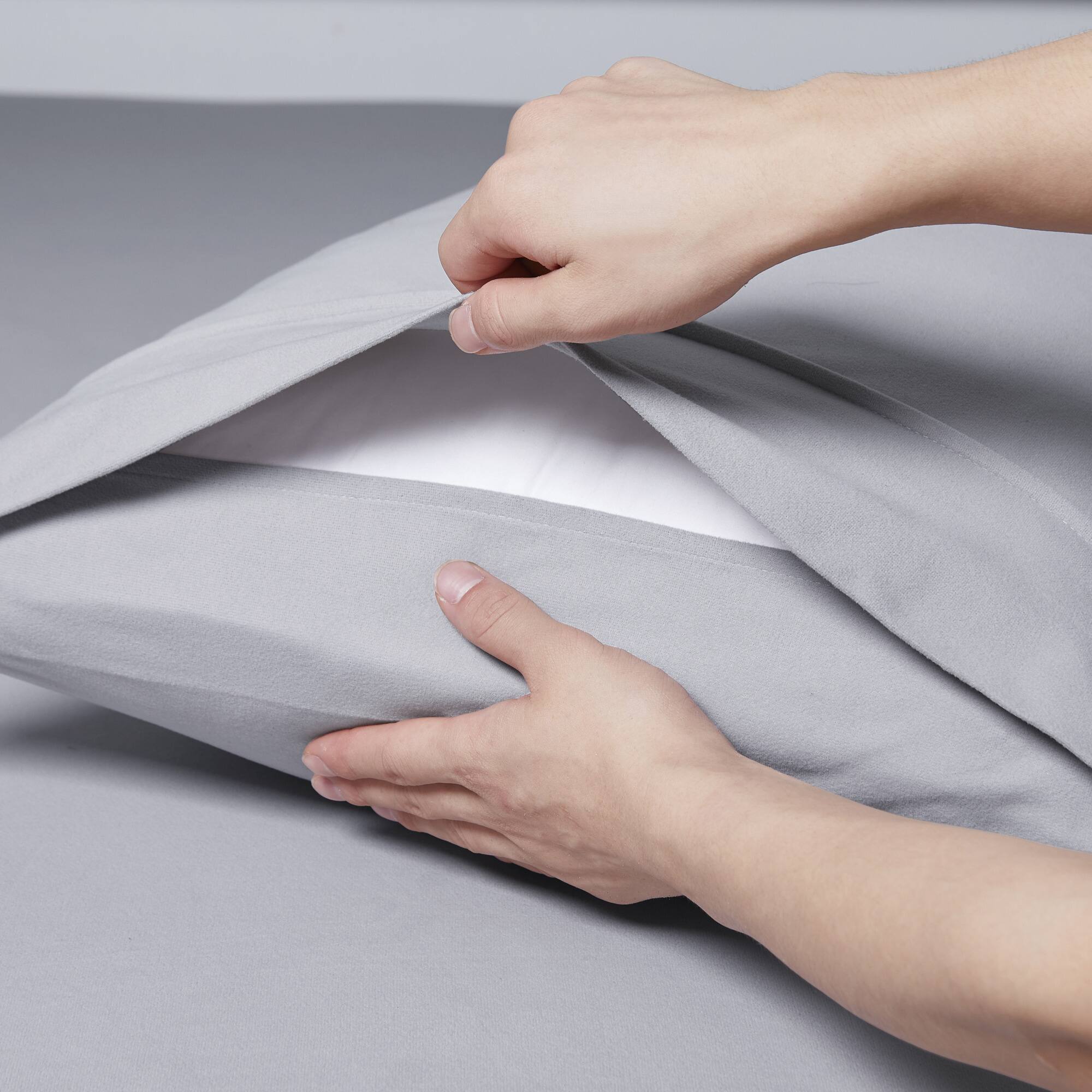 Angle. Sweet Home Collection - Solid Flannel Pillowcases (Set of 4), Ultra Soft, Standard - Silver.