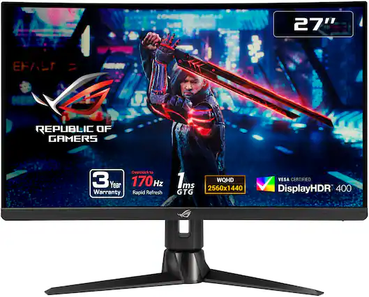 The image features a computer monitor with a man holding a sword on the screen. The monitor is a Republic of Gamers (ROG) model, and it is overclocked to 3 years. The monitor has a 170 Hz refresh rate, a 2560x1440 resolution, and a 440 GTG VESA certified display. The monitor is also equipped with a Rapid Refresh rate and a 3-year warranty.