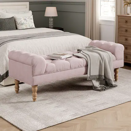 Front. Whisen - Button-Tufted Bedroom Bench End of Bed Rolled Arms Ottoman for Living Room - Pink.