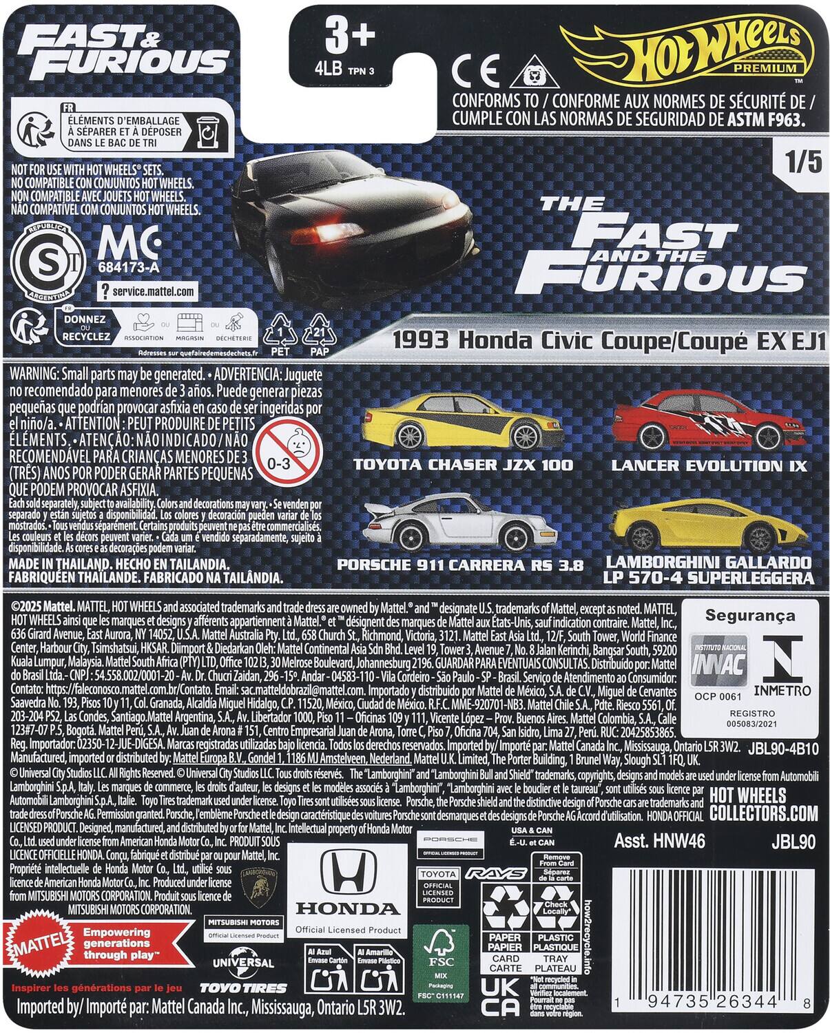 Sure, here is the corrected and grouped text from the image:

---

**FAST & FURIOUS**

**Hot Wheels Premium**

**1/5**

**1993 Honda Civic Coupe/Coupé EX EJ1**

**3+**

**4LB**

**TPM 3**

**NOT FOR USE WITH HOT WHEELS® SETS. NOT COMPATIBLE WITH CONJUNTOS HOT WHEELS. NON COMPATIBLE AVEC JOUETS HOT WHEELS. NÃO COMPATÍVEL COM CONJUNTOS HOT WHEELS.**

**ÉLÉMENTS D'EMBALLAGE À SÉPARER ET À DÉPOSER DANS LE BAC DE TRI.**

**CONFORMS TO / CONFORME AUX NORMES DE SÉCURITÉ DE / CUMPLE CON LAS NORMAS DE SEGURIDAD DE ASTM F963.**

**WARNING: Small parts may be generated. ADVERTENCIA: Juguete puede generar piezas pequeñas que podrían provocar asfixia si ingeridas por niño/a. ATTENTION: PRODUIT PEUT GÉNÉRER DES PETITS ÉLÉMENTS - ATENÇÃO: N