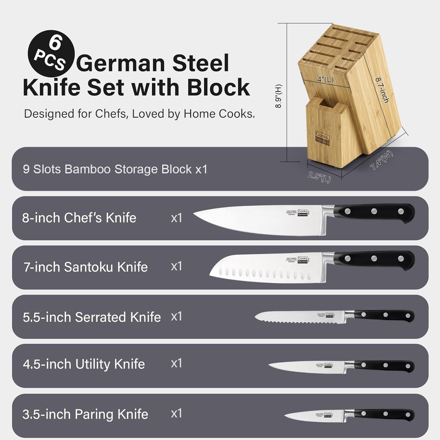 6 PCS German Steel Knife Set with Block Designed for Chefs, Loved by Home Cooks. 9 Slots Bamboo Storage Block x1 8-inch Chef's Knife x1 7-inch Santoku Knife x1 5.5-inch Serrated Knife x1 4.5-inch Utility Knife x1 3.5-inch Paring Knife x1