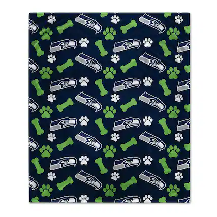 Front. Pegasus - Seattle Seahawks 40" x 50" Lightweight Bones Flannel Fleece Pet Blanket - Navy.
