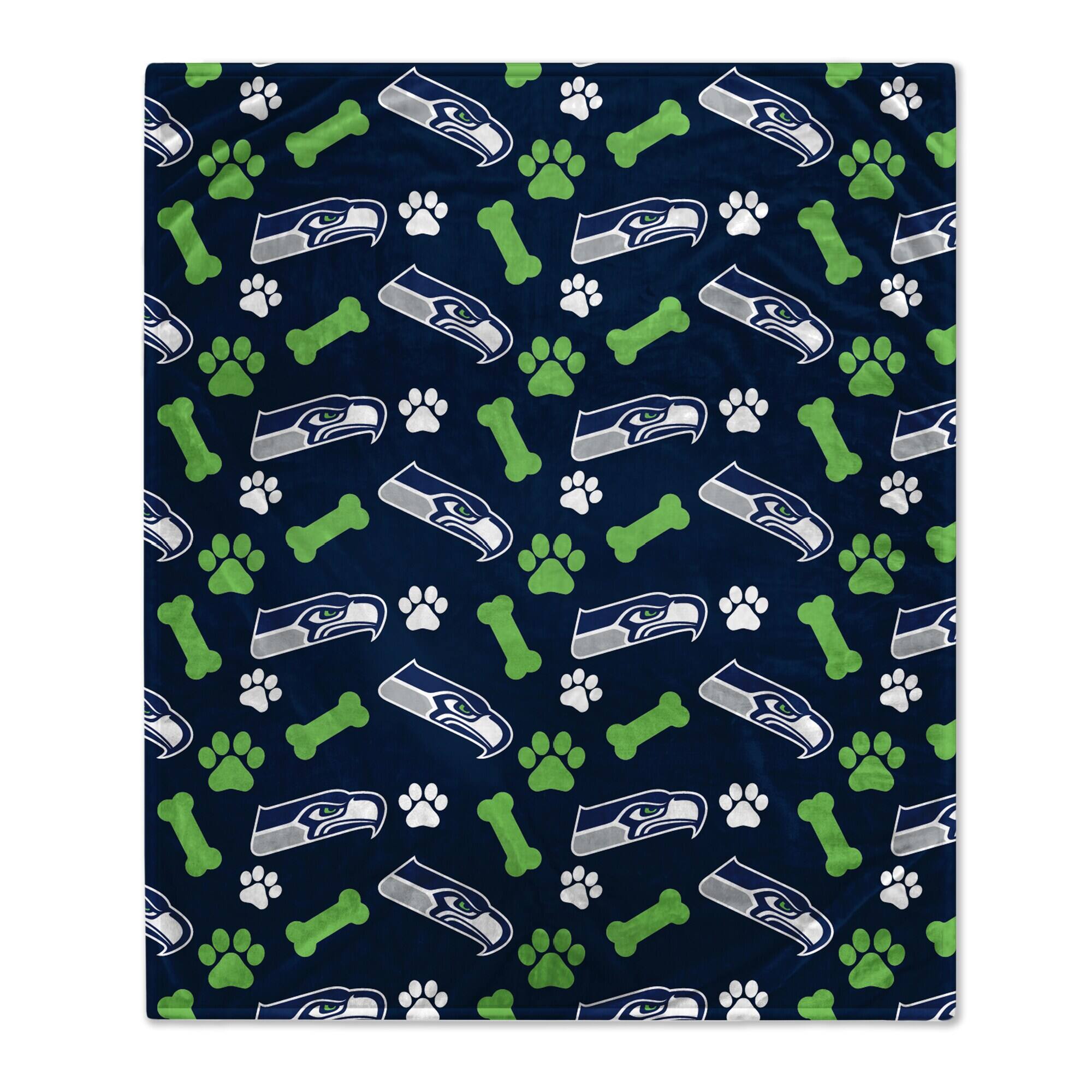 Front. Pegasus - Seattle Seahawks 40" x 50" Lightweight Bones Flannel Fleece Pet Blanket - Navy.